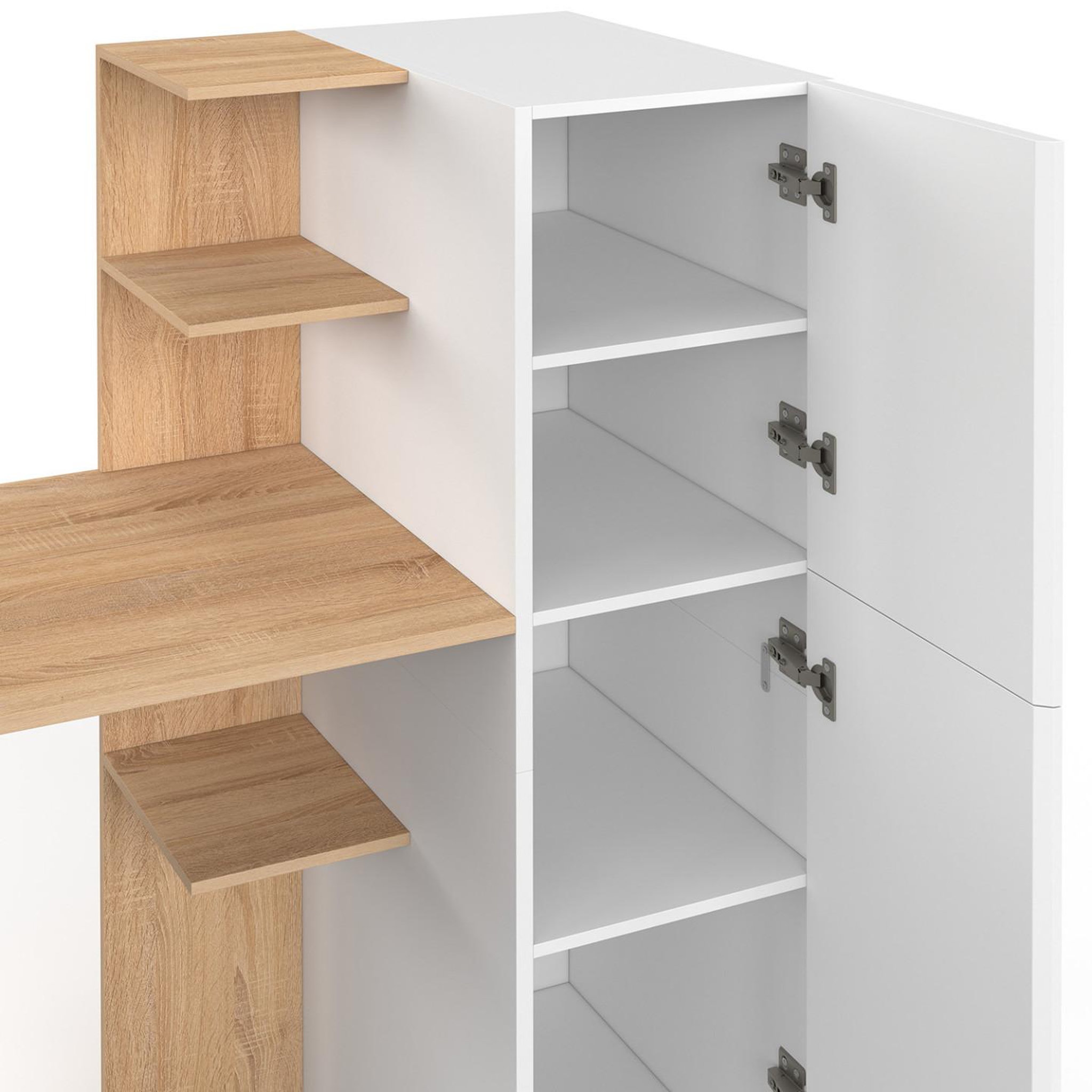 Voir la diapositive 6 : ID MARKET Bureau avec armoire de rangements 140x50 cm NICO étagères blanc et bois