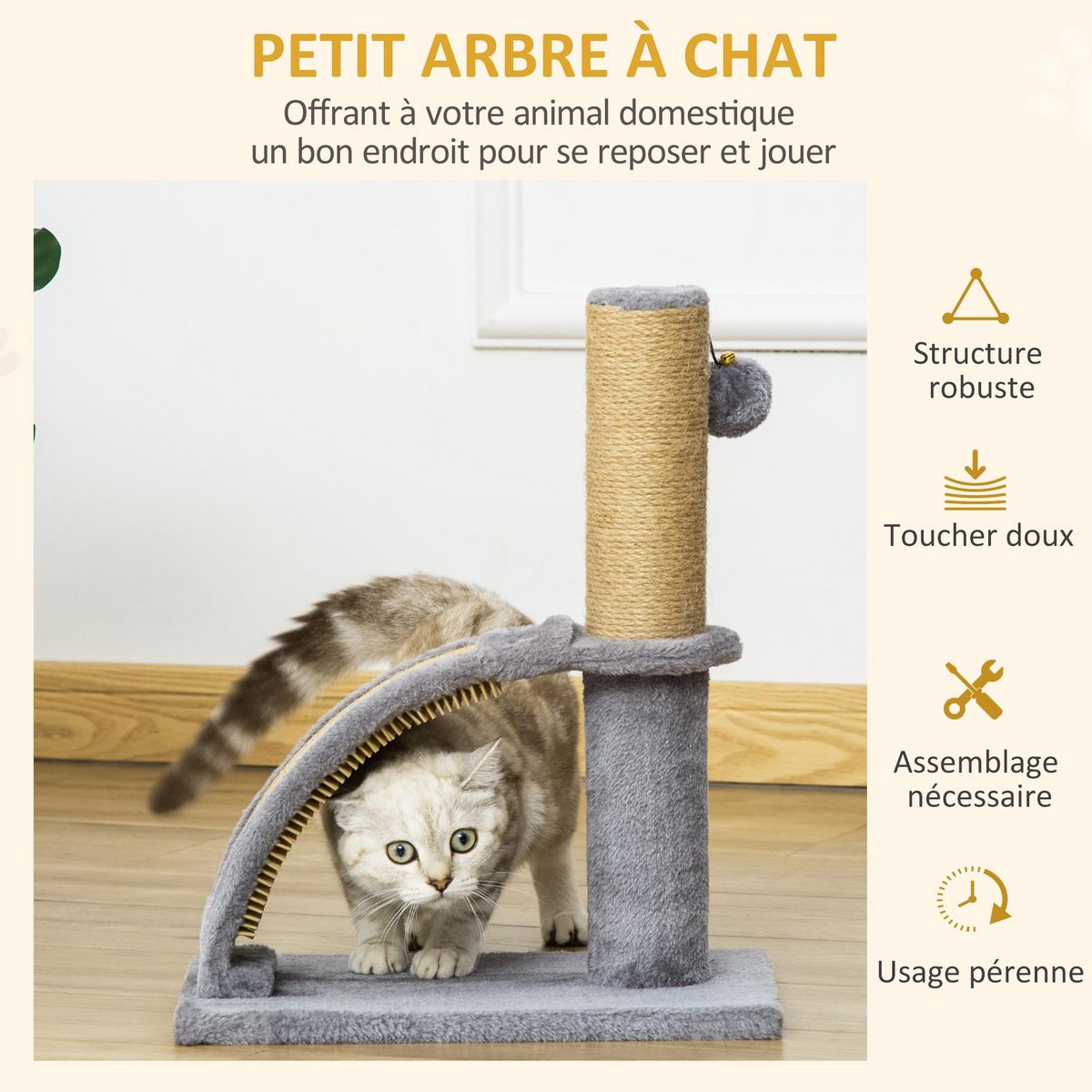 PAWHUT Arbre à chat griffoir grattoir design jeu boule suspendue + demi-arc de massage peluche jute naturelle gris