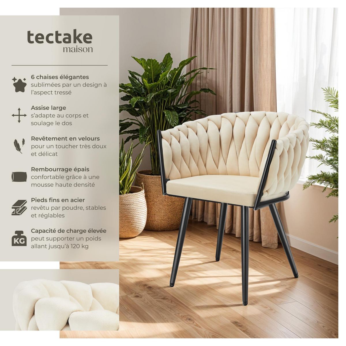 tectake Lot de chaises de salle à manger rembourrée avec revêtement en velours et design noué sable Lot de 6