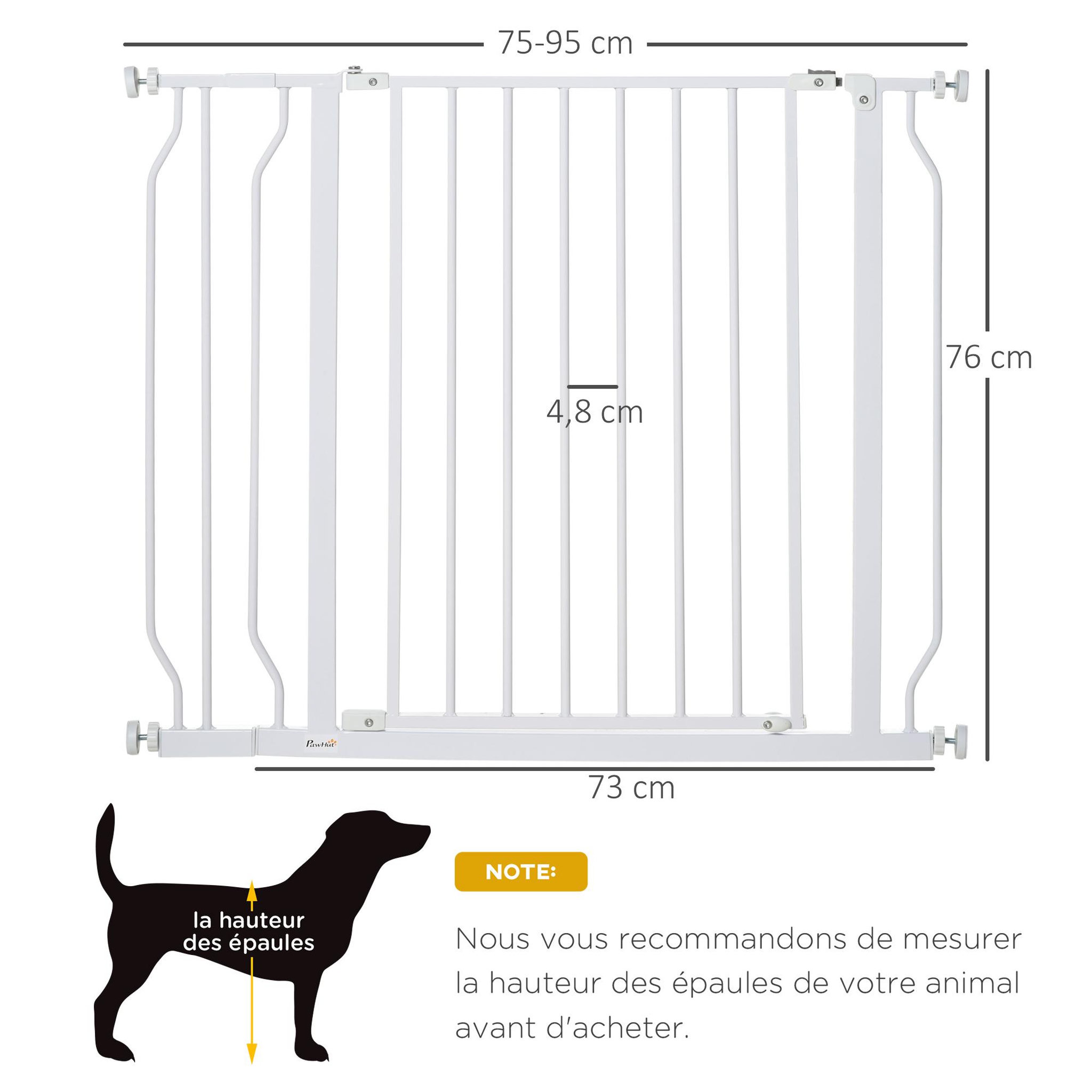 Voir la diapositive 3 : PAWHUT Barrière de sécurité animaux - longueur réglable dim. 75-95 cm - porte double verrouillage, ouverture double sens -sans perçage - acier abs blanc