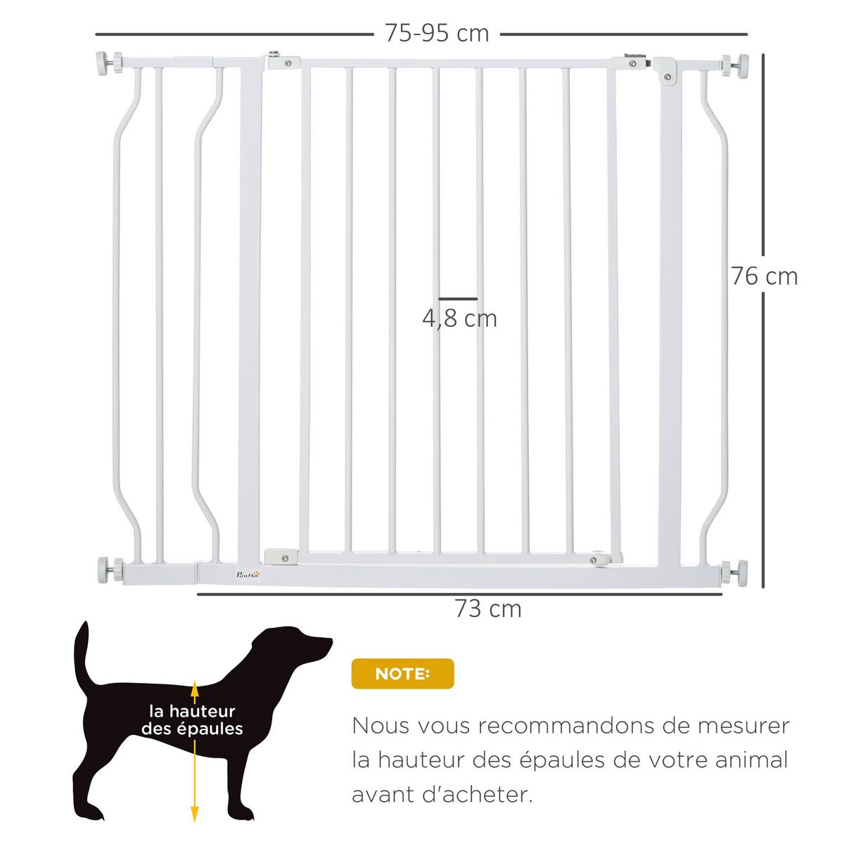 PAWHUT Barrière de sécurité animaux - longueur réglable dim. 75-95 cm - porte double verrouillage, ouverture double sens -sans perçage - acier ABS blanc