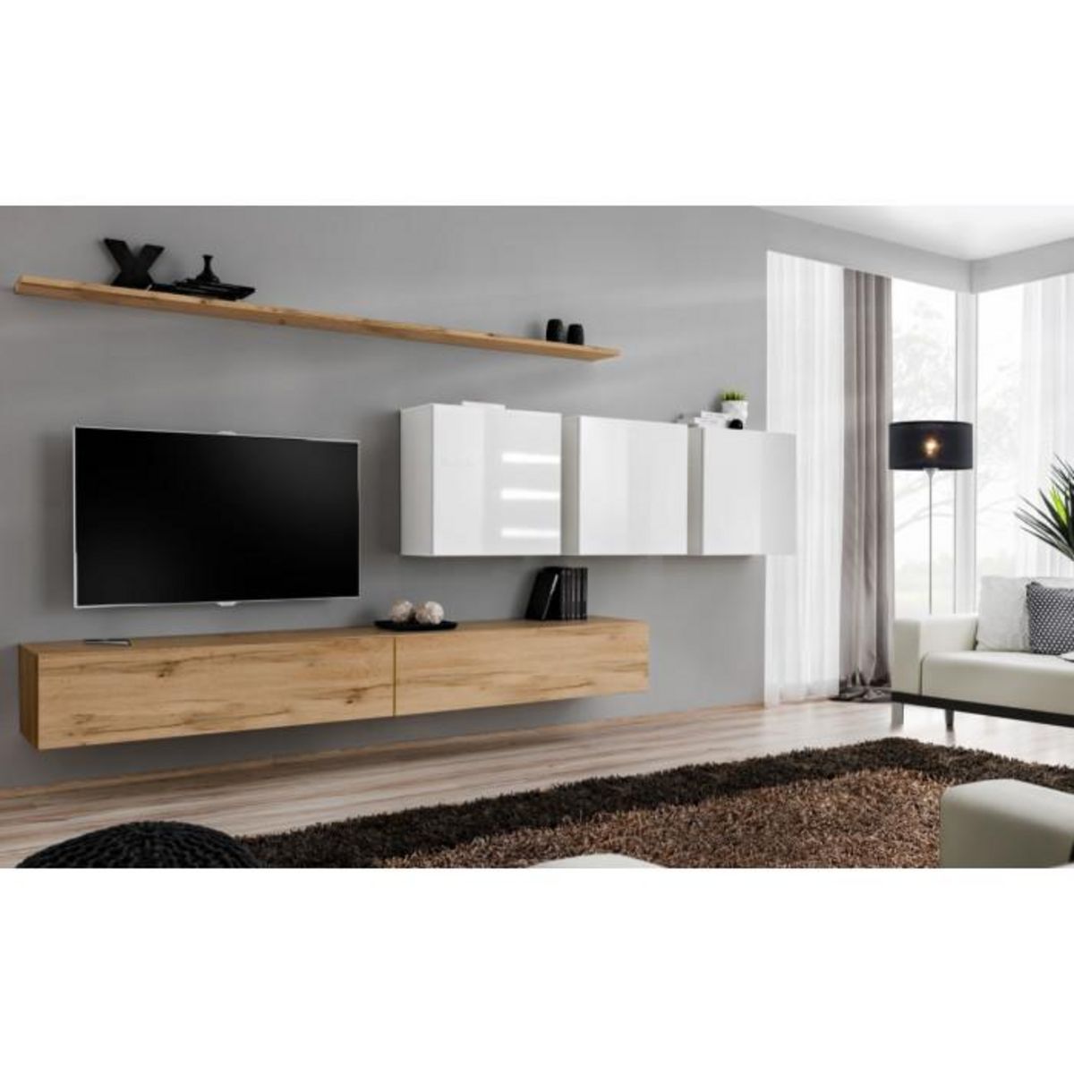 Paris Prix Meuble TV Mural Design  Switch VII  340cm Naturel & Blanc
