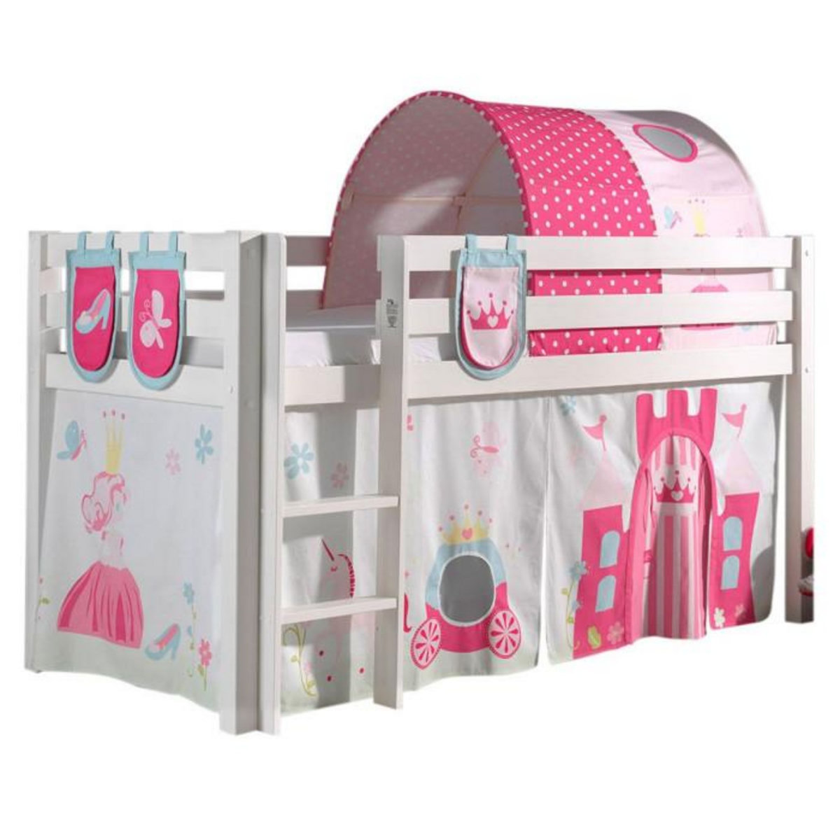 Paris Prix Pack - Lit Enfant Surélevé, Tente, 3 Pochettes & Tunnel  Pino Princesse  Blanc