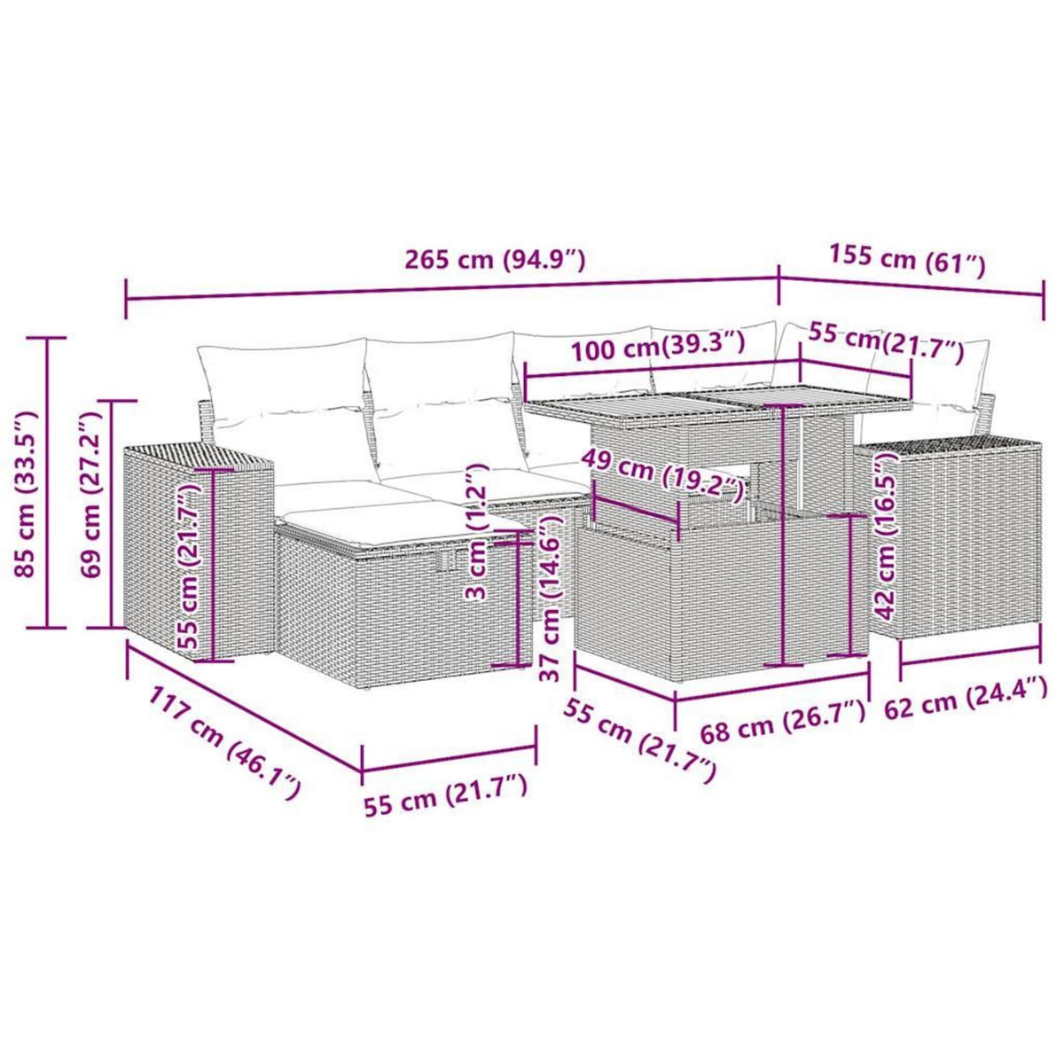 VIDAXL Salon de jardin avec coussins 8 pcs noir resine tressee acacia