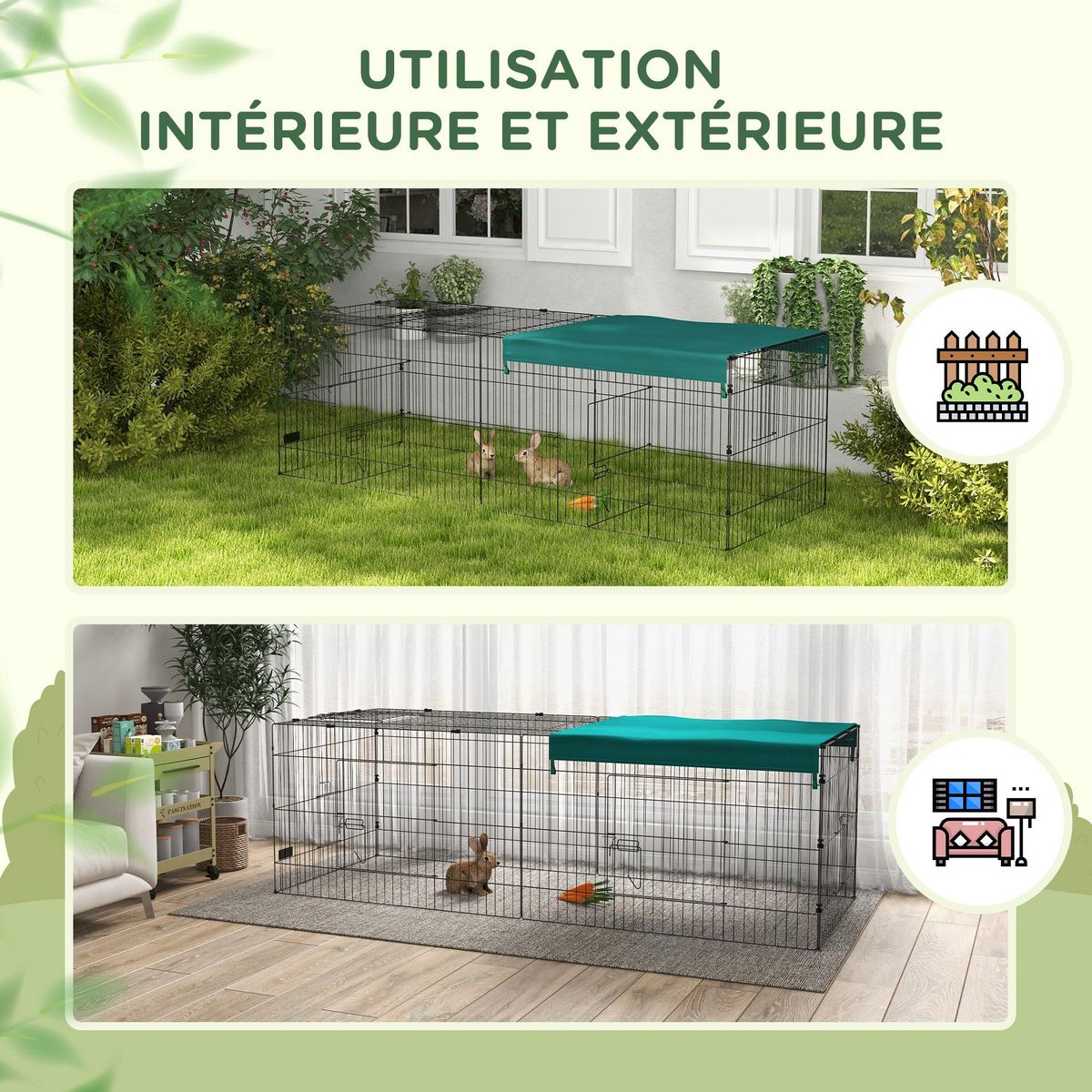 PAWHUT Parc enclos petits animaux - 2 portes, 3 trappes nourrissages, zone couverte - acier noir polyester vert