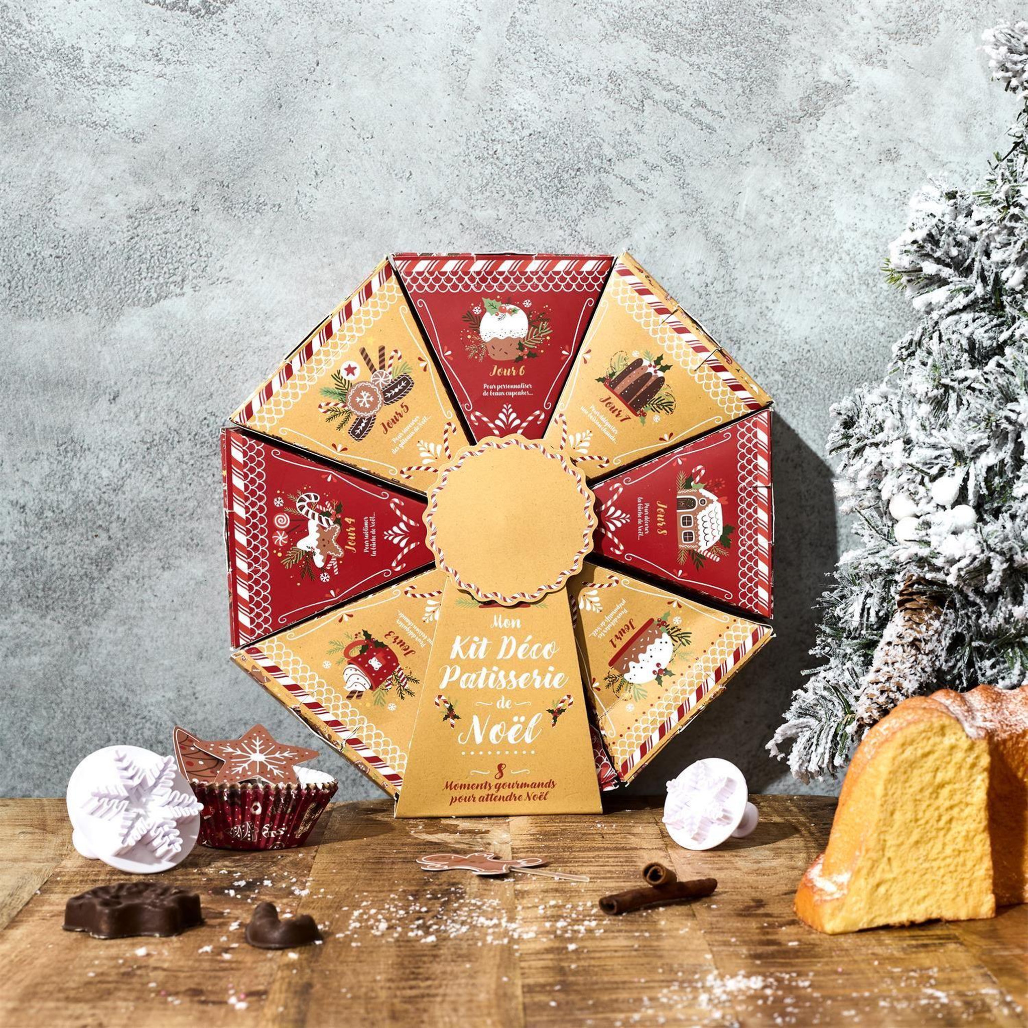 Voir la diapositive 2 : Lily Cook Calendrier de l'avent pâtisserie – roue déco gâteaux de noël 8 compartiments - rouge