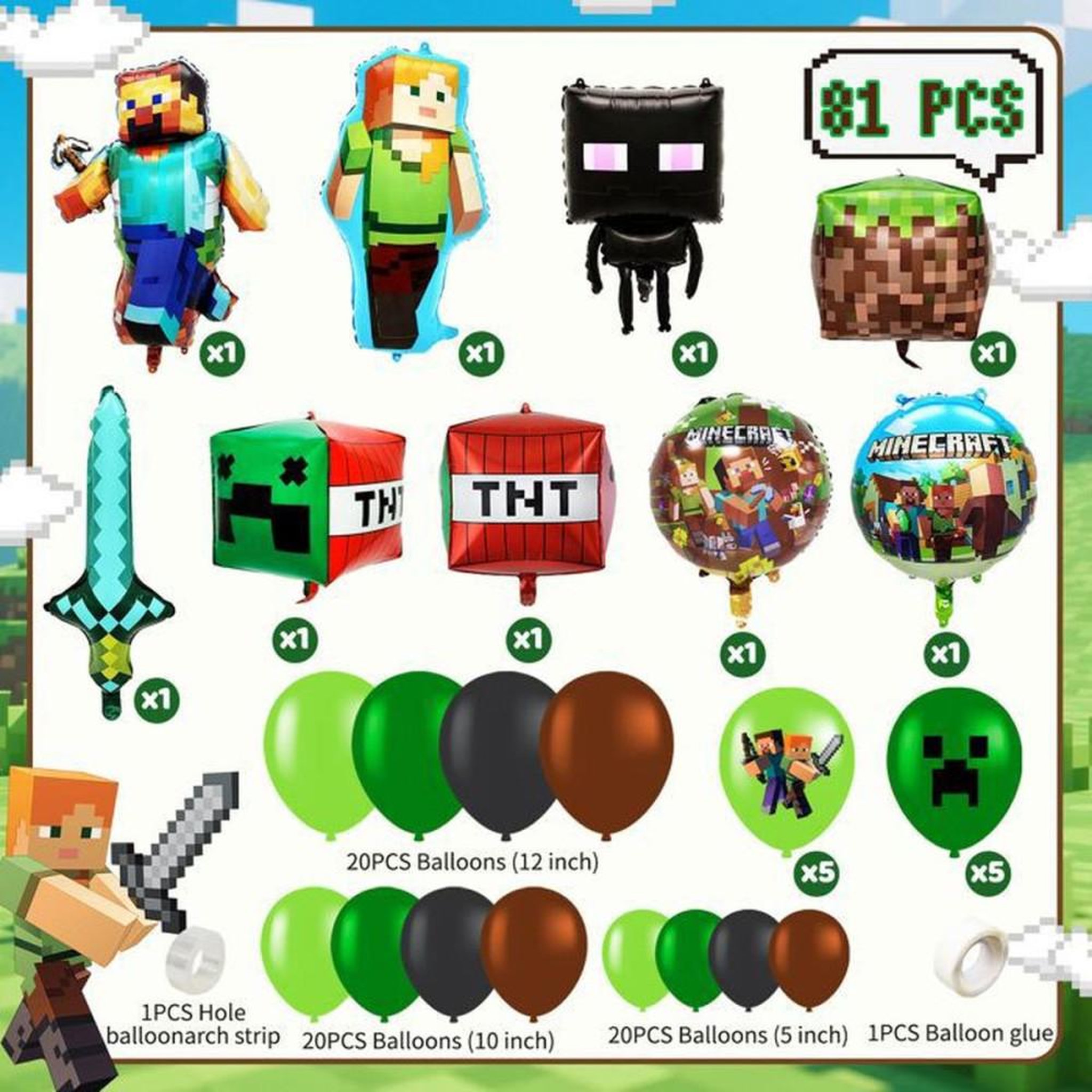 Voir la diapositive 2 : Kit déco ballons anniversaire Minecraft Creeper & blocs pixel avec arche et points de colle, vert et brun