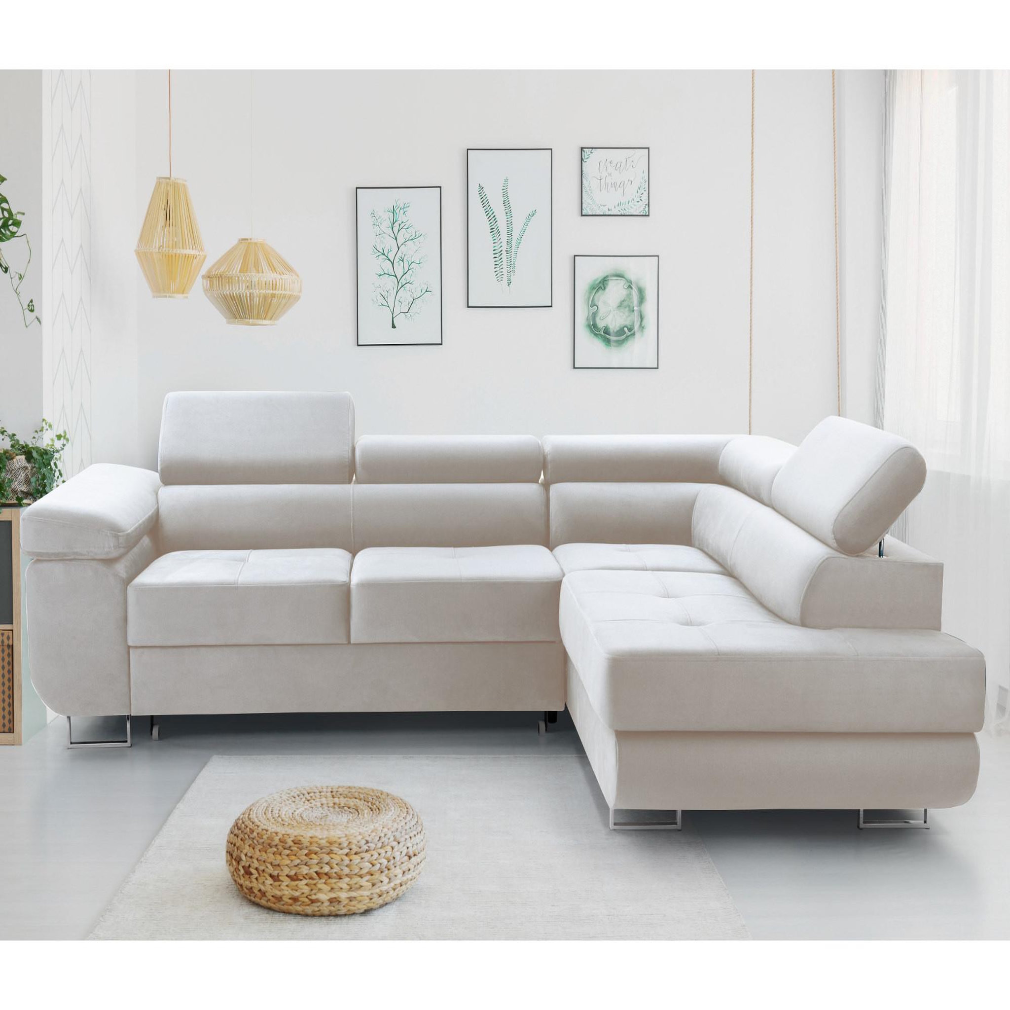 BEST MOBILIER Pablo - canapé d'angle droit - 5 places - convertible avec coffre et têtières réglables - en velours. Coloris disponibles : Beige, Vert, Gris, Jaune, Bleu, Noir