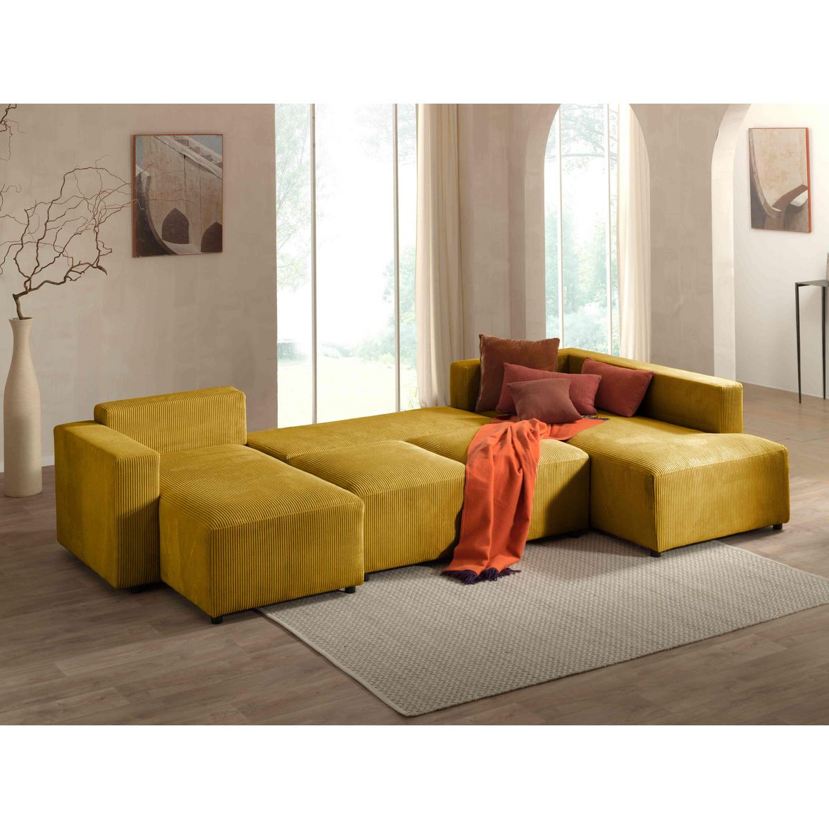 LISA DESIGN Livy - canapé panoramique convertible - avec coffre - en velours côtelé - 7 places - droit