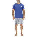 PIERRE CARDIN Ensemble Pyjama court homme en coton à carreaux et Logo poitrine. Coloris disponibles : Bleu