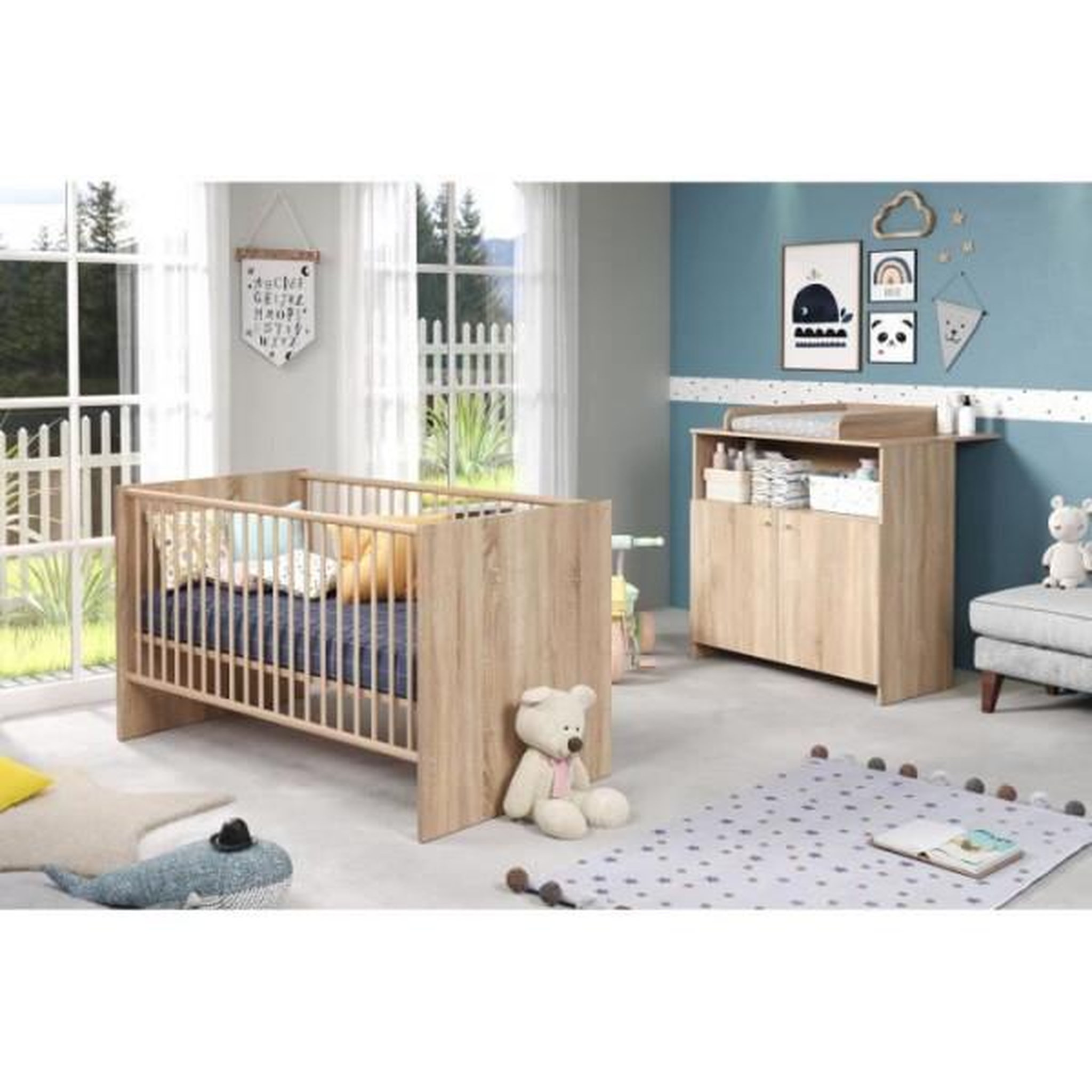 Trendteam Chambre bébé duo NIKO - Lit 70x140 cm + Commode a langer 2 portes - Décor chene naturel - TRENDTEAM