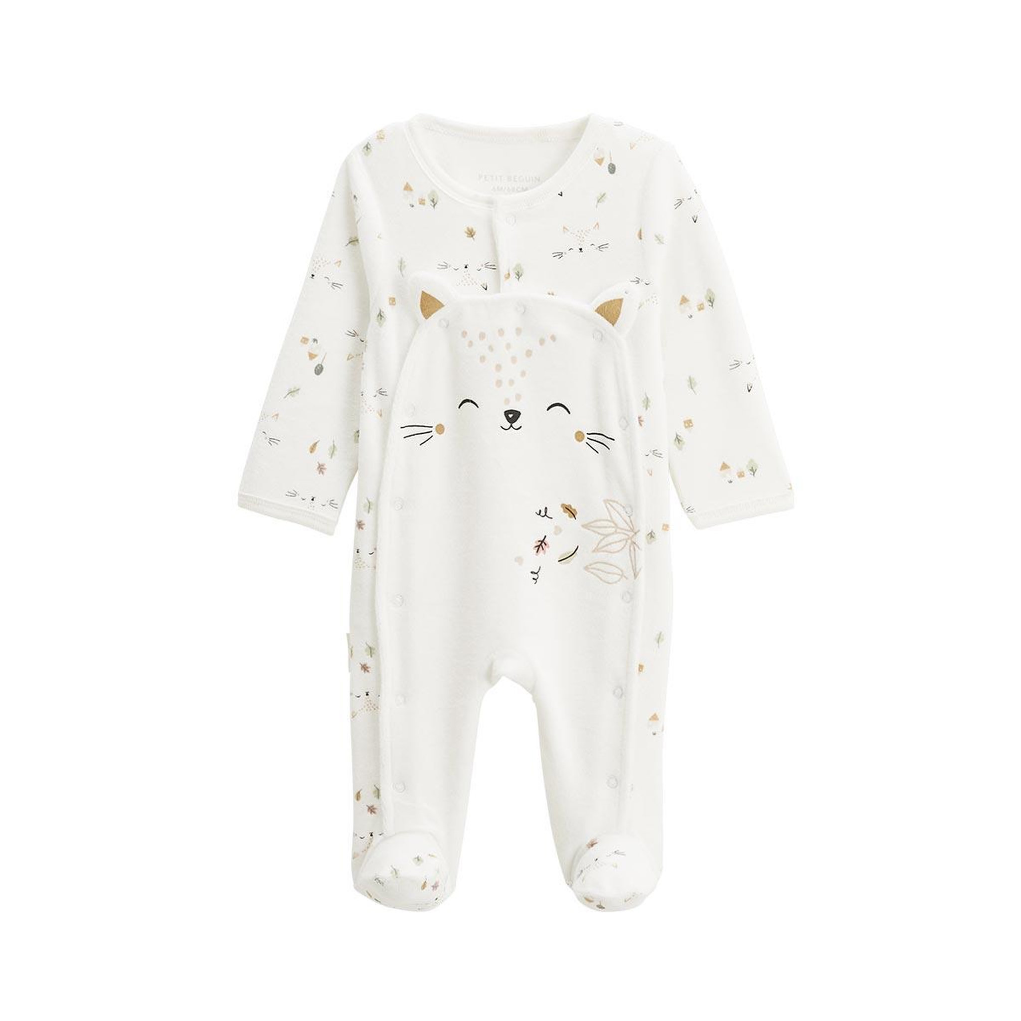 Petit Béguin Pyjama bébé en velours ouverture pont Bisous. Coloris disponibles : Beige