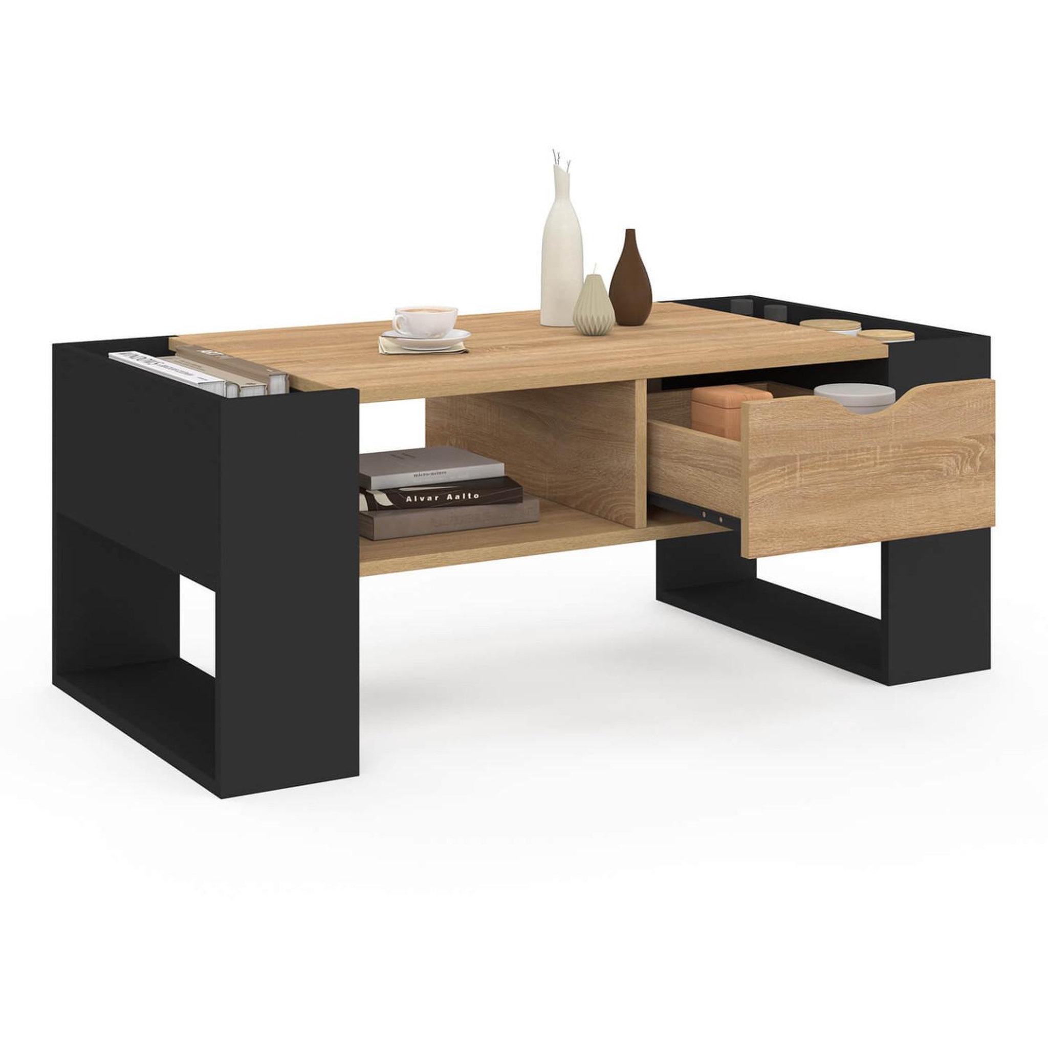Voir la diapositive 4 : ID MARKET Table basse rectangulaire beryl avec tiroir bois noir et façon hêtre