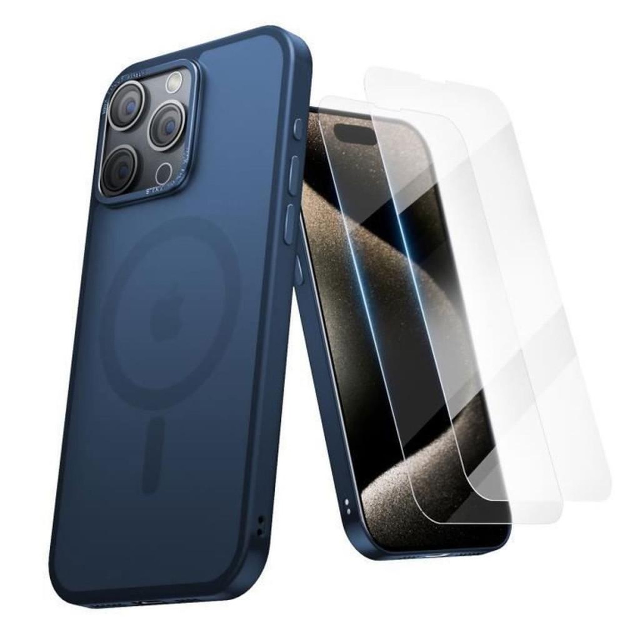 Coque iPhone 15 Pro bleu finition mate ultra-fine compatible MagSafe + 2 protections écran en verre trempé