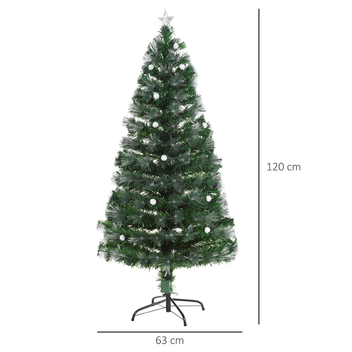 HOMCOM Sapin de Noël artificiel lumineux fibre optique LED + 20 ampoules + support pied Ø 63 x 120H cm 130 branches étoile sommet brillante vert