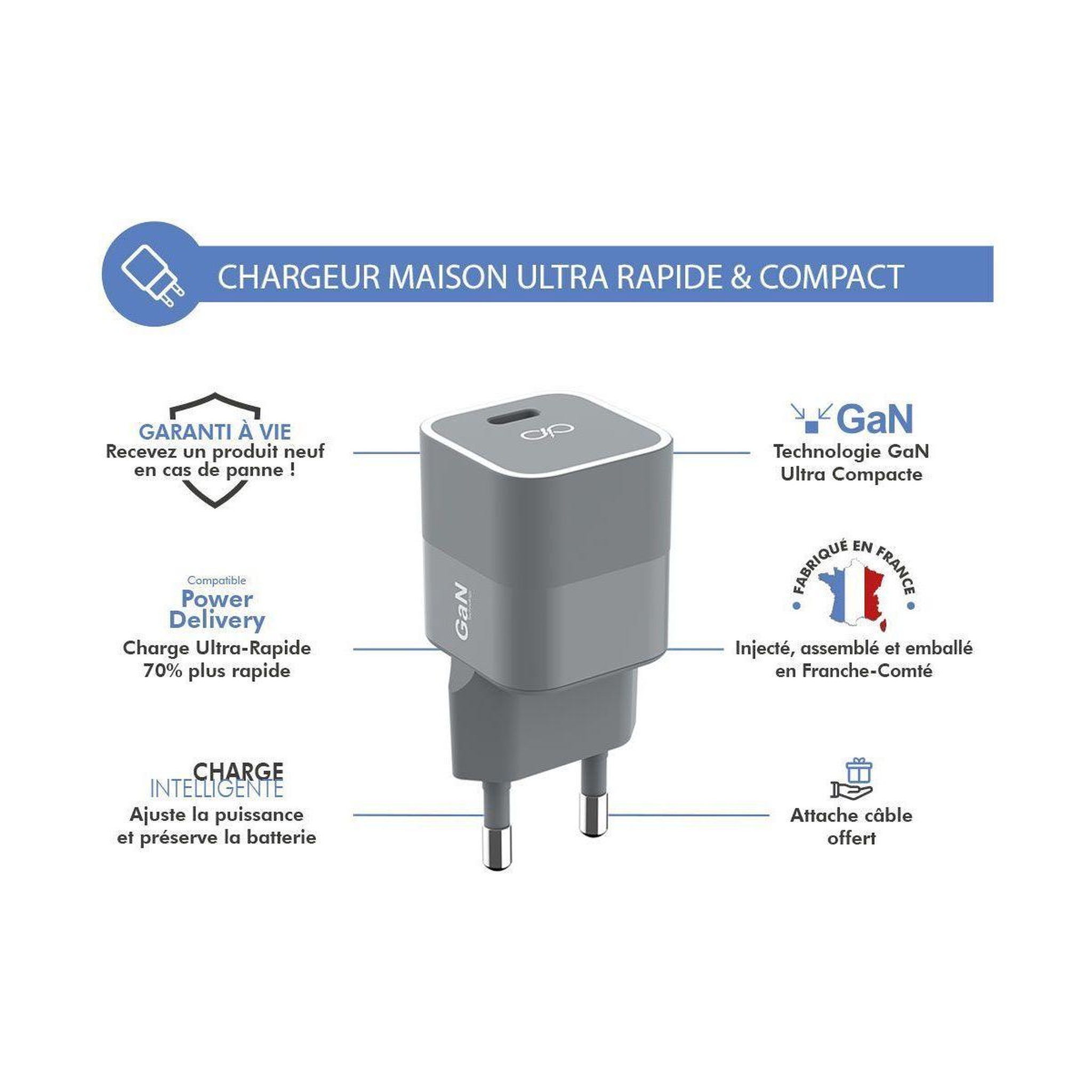 Voir la diapositive 4 : FORCE POWER Chargeur 30w usb-c made in france gris