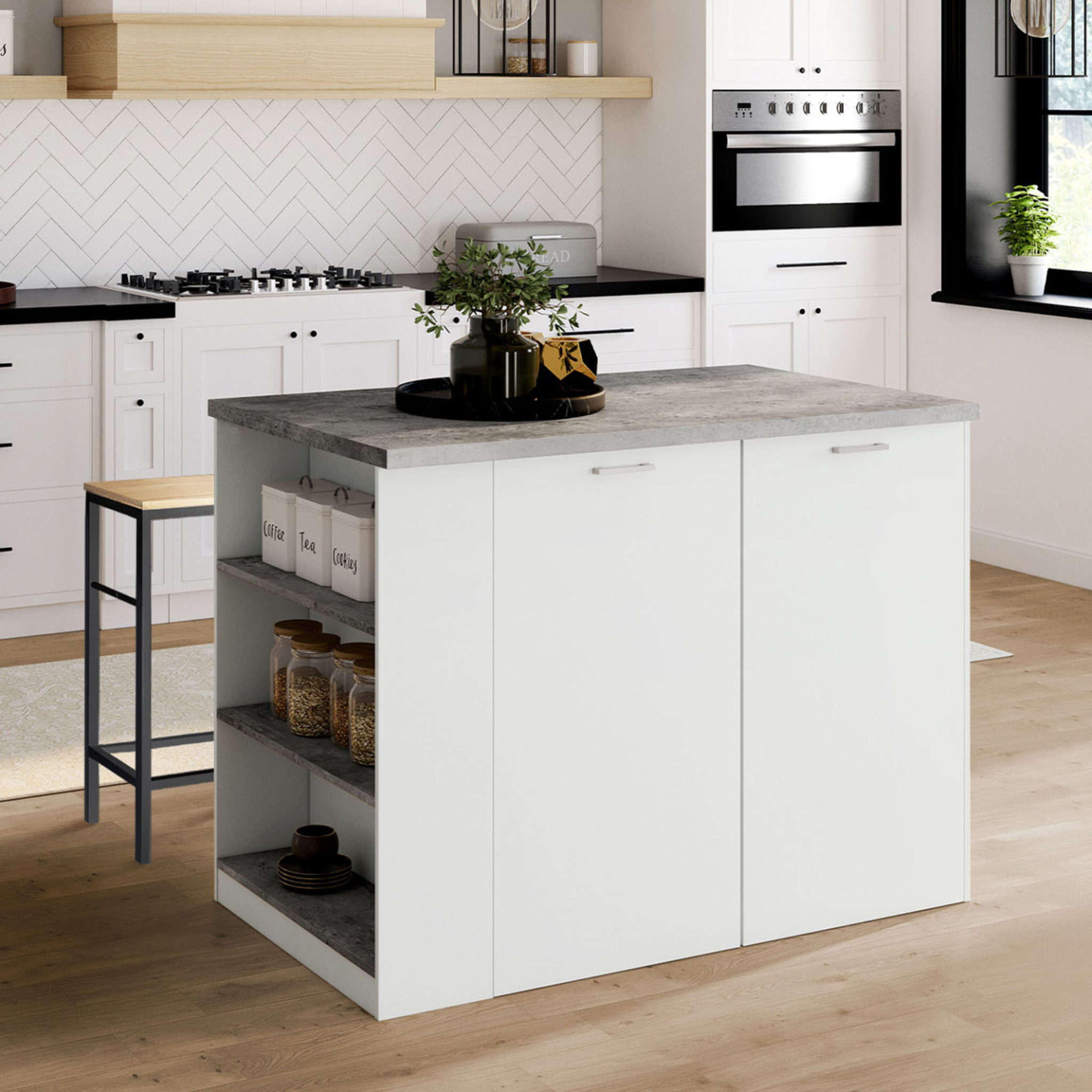 Voir la diapositive 2 : ID MARKET Ilot central tibo 120 cm bois blanc avec plan de travail façon béton