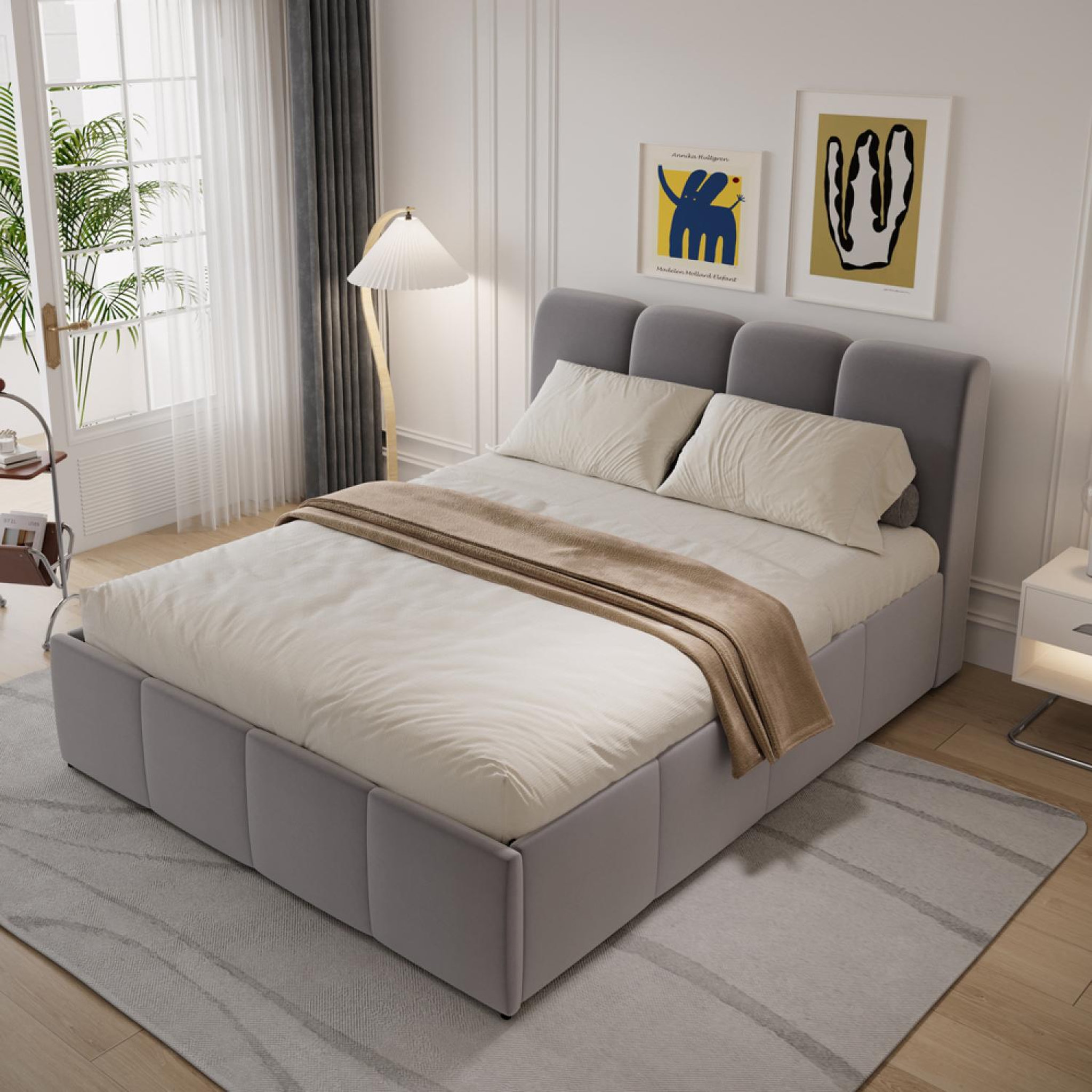 Voir la diapositive 4 : CONCEPT USINE Lit coffre style nuage led 160x200cm velours gris baltimore