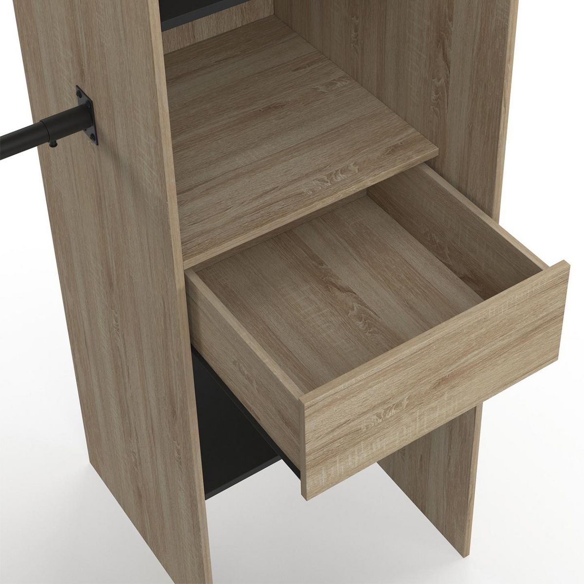 ID MARKET Dressing extensible d'angle MARLON 230 x 140 x 180 cm cm hêtre avec penderies + étagères + rideaux noirs