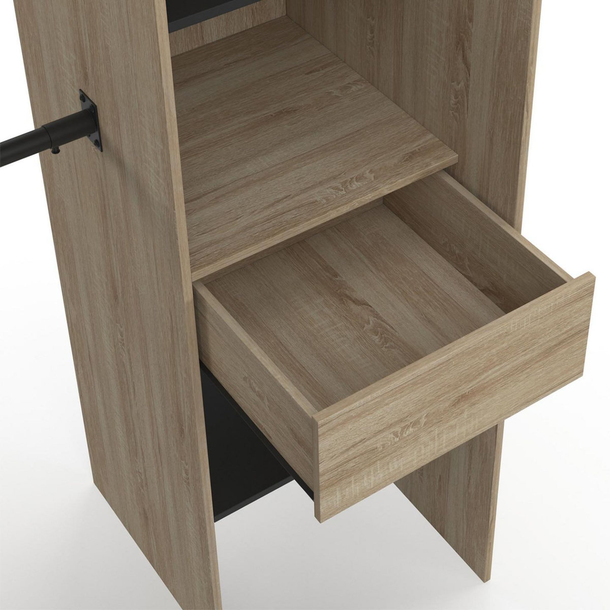 ID MARKET Dressing extensible d'angle MARLON 230 x 140 x 180 cm cm hêtre avec penderies + étagères + rideaux noirs