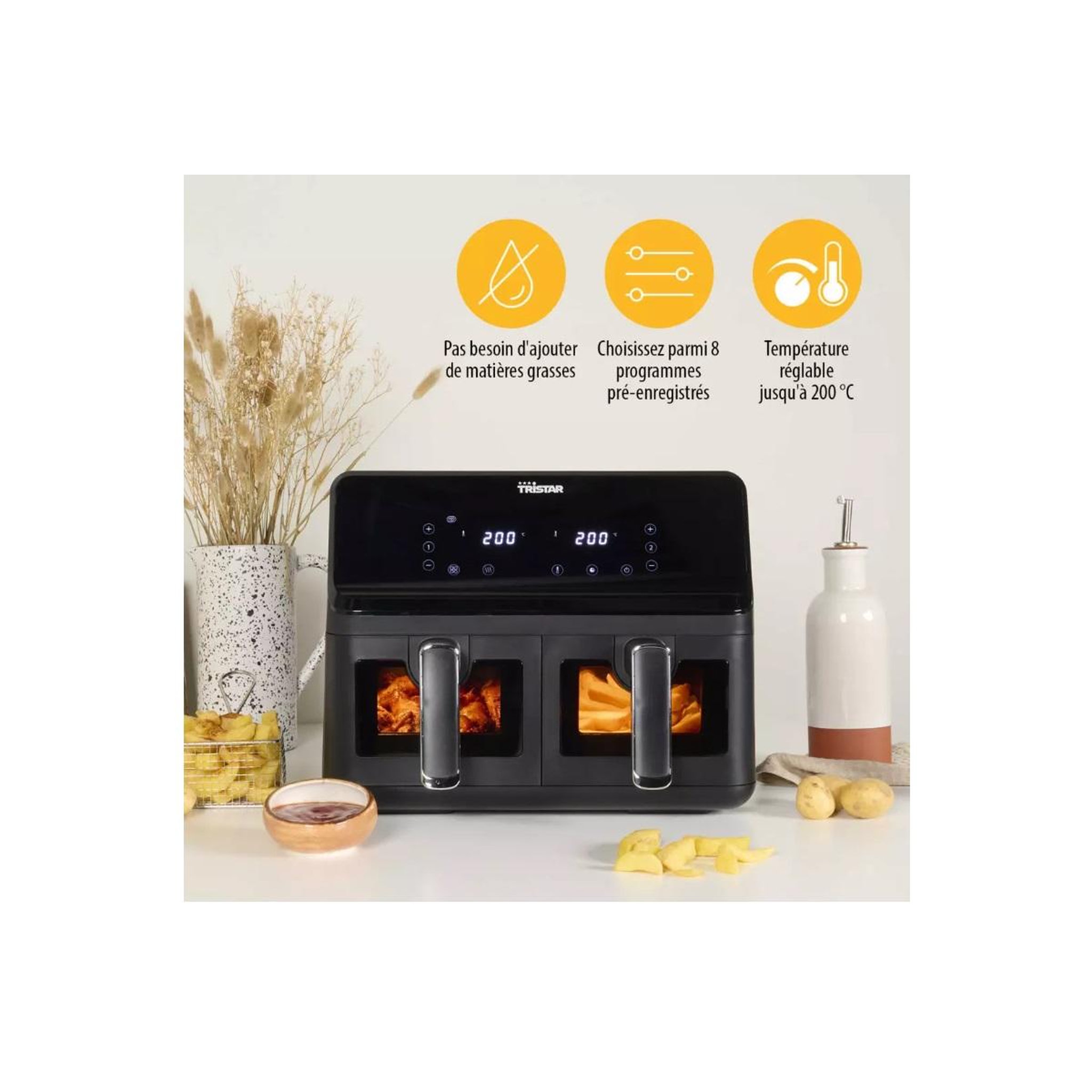 Voir la diapositive 2 : TRISTAR Friteuse sans huile 8l 2700w noir - fr-9040