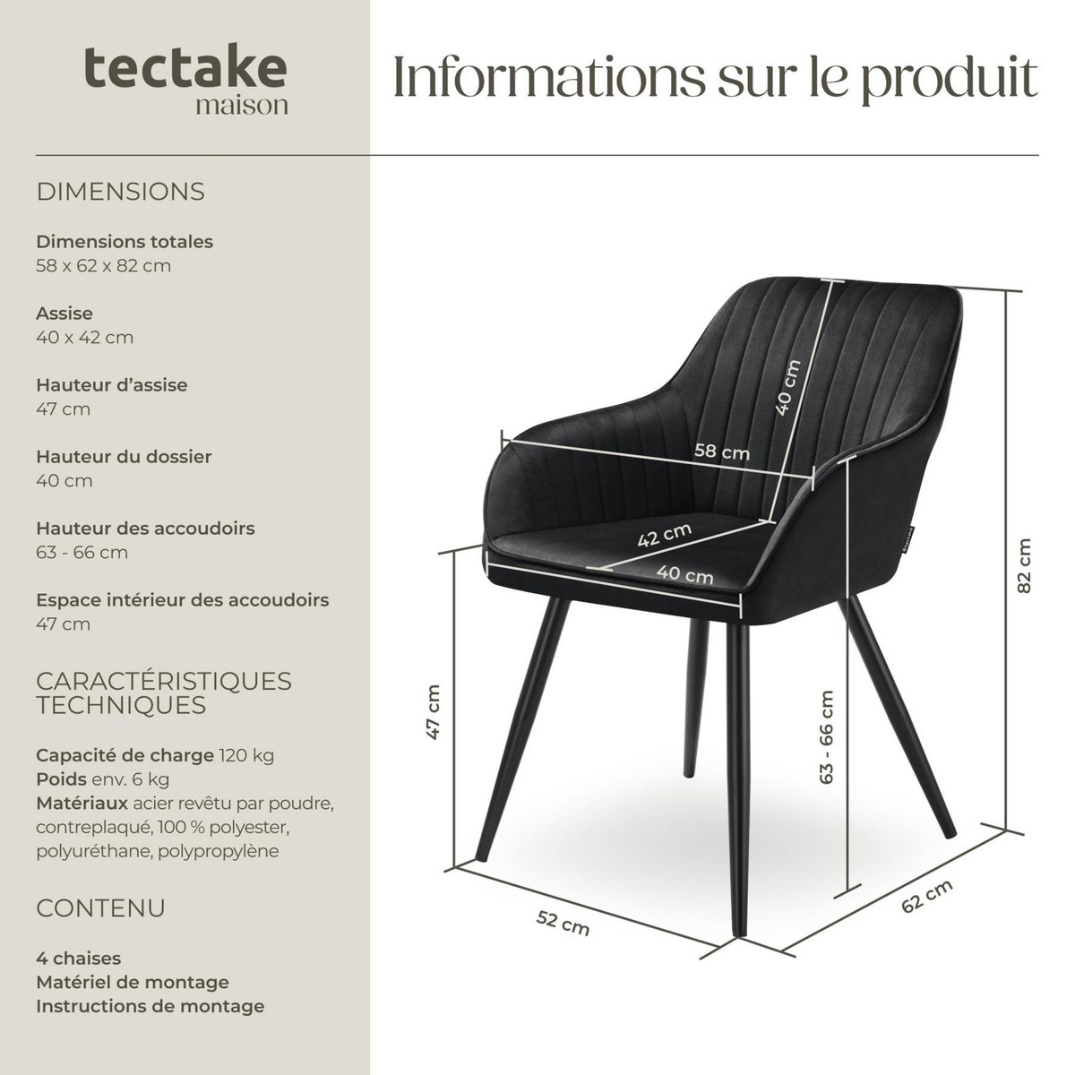 tectake Chaise de salle à manger en velours matelassée et capitonnée noir/noir Lot de 4