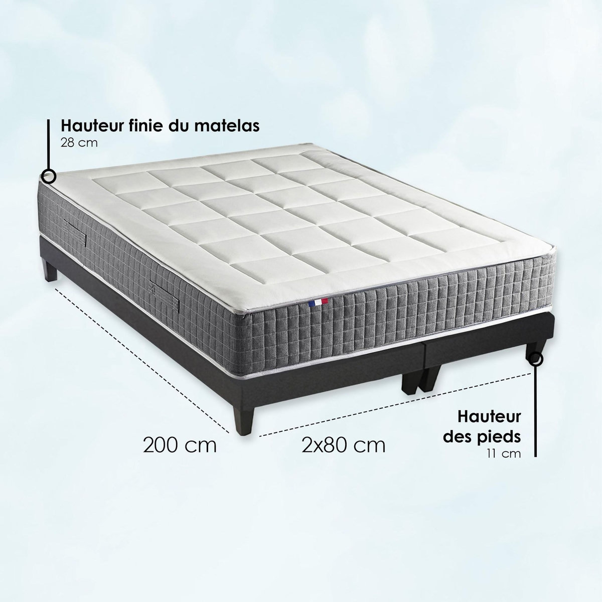 IDLITERIE Ensemble matelas MAX avec sommier, oreiller et couette, confort optimal