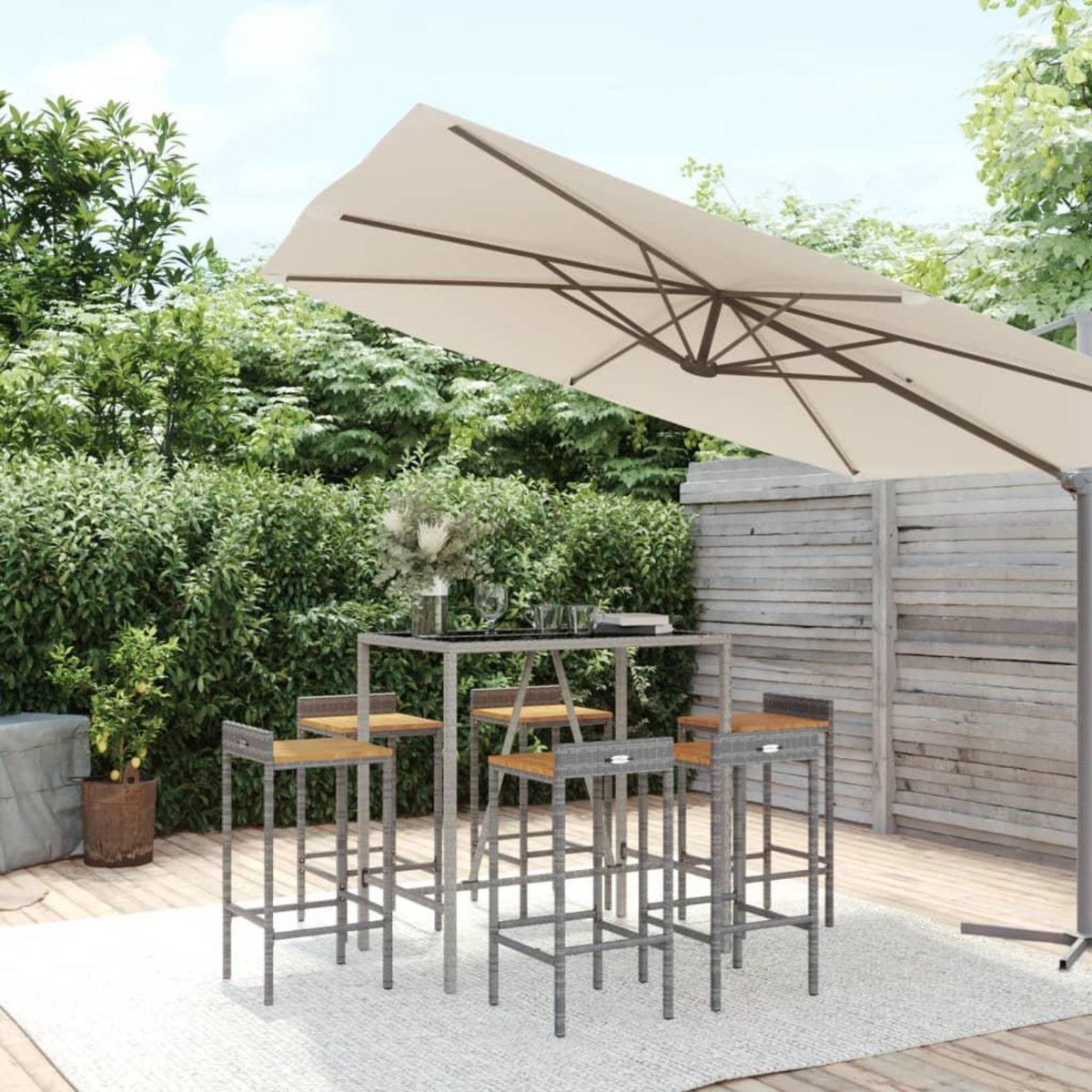 VIDAXL Ensemble de bar jardin 7 pcs gris poly rotin/bois massif acacia