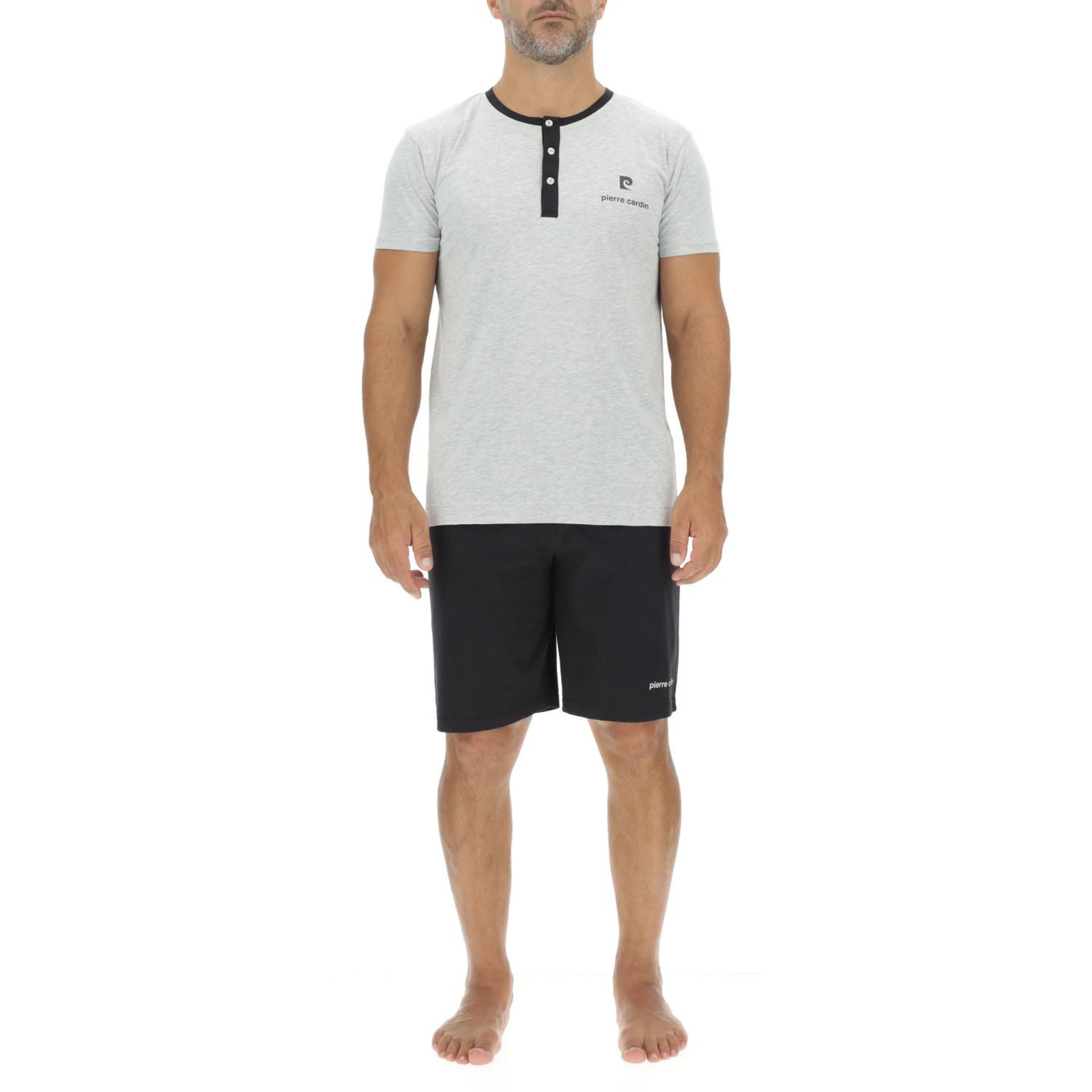 PIERRE CARDIN Ensemble pyjama court homme en coton uni col boutonné & logo poitrine. Coloris disponibles : Gris