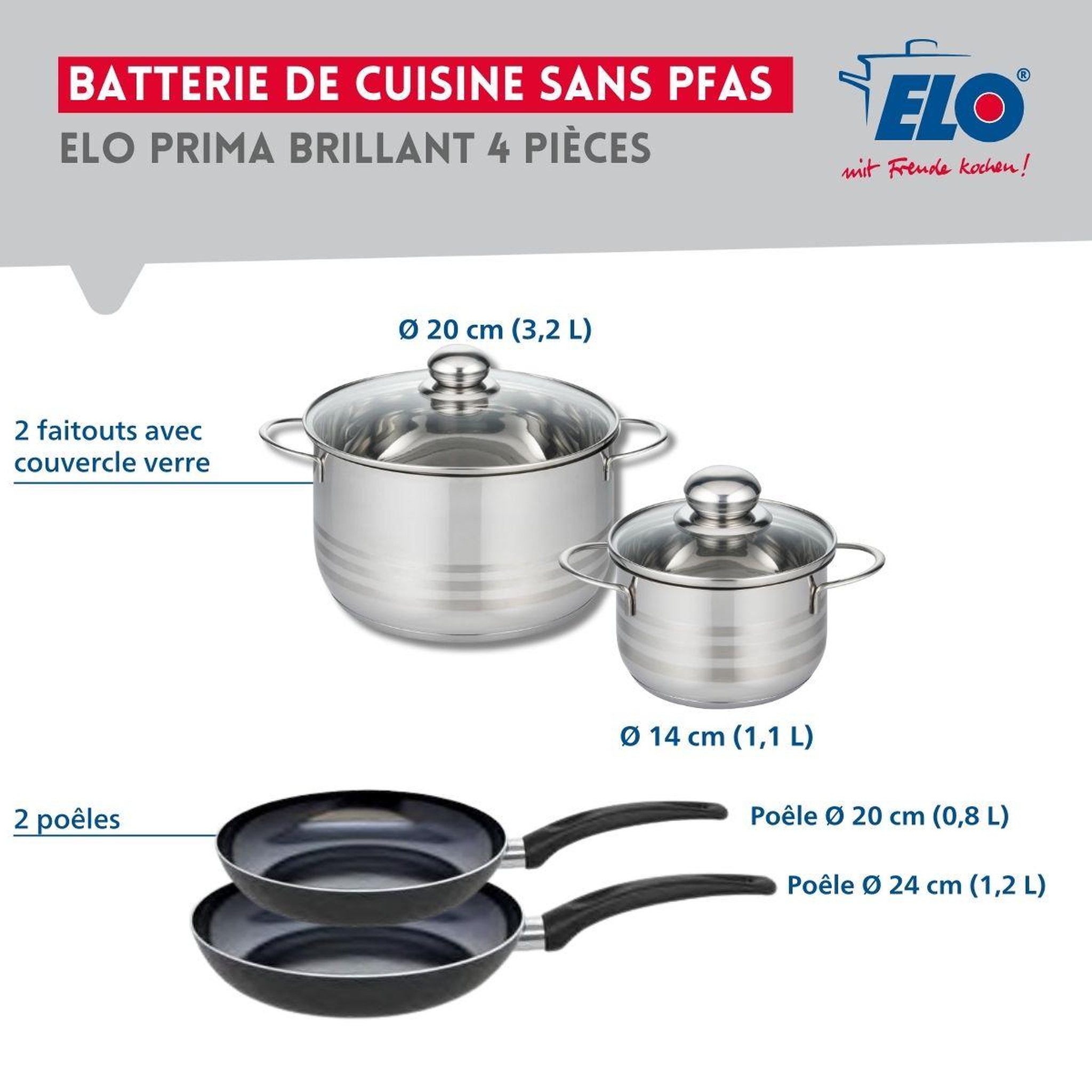 Voir la diapositive 2 : ELO Ensemble de 2 poêles de cuisson 20 et 24 cm et 2 faitouts 14 et 20 cm elo prima brillant