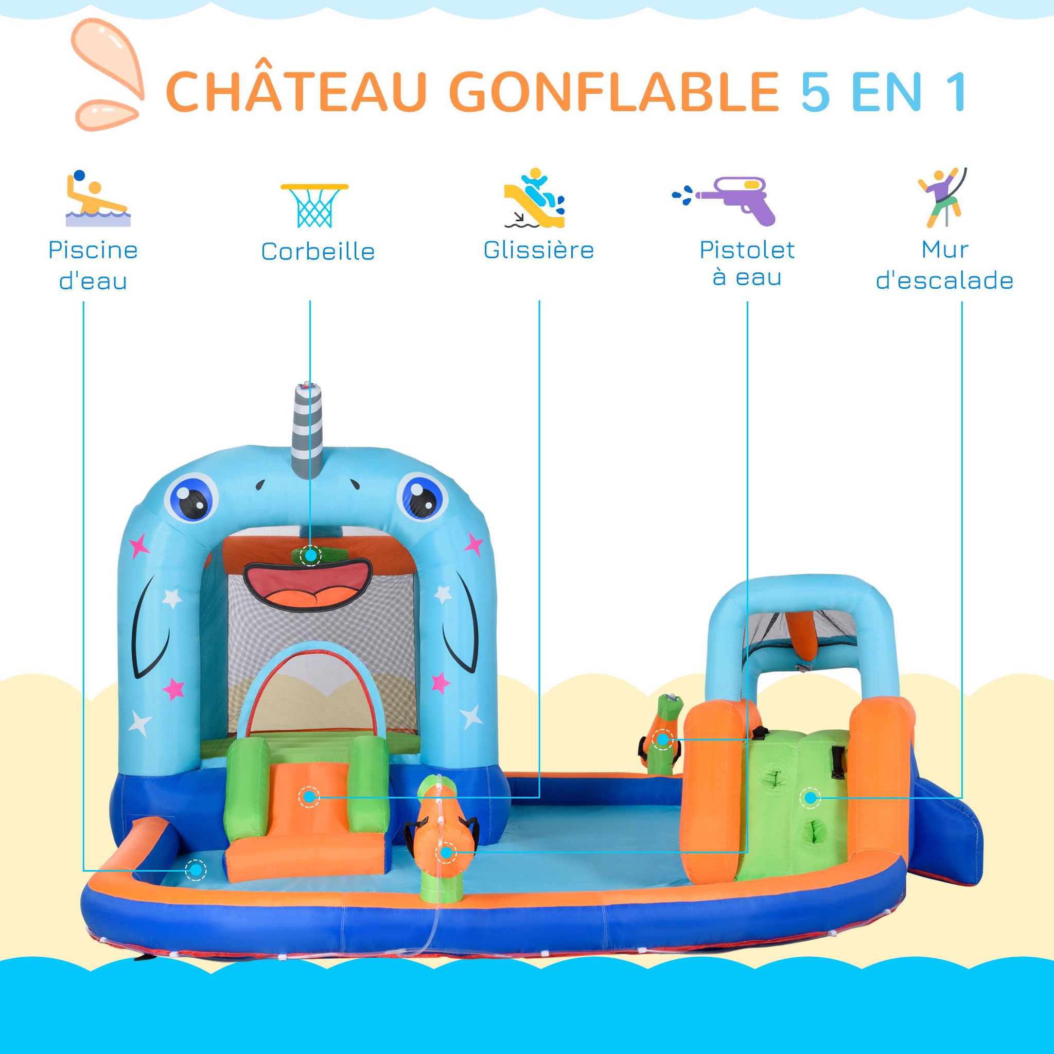Voir la diapositive 4 : OUTSUNNY Château gonflable enfant - trampoline, toboggans, piscine, mur d'escalade, panier, pistolets eau, gonfleur, sac transport - polyester multicolore