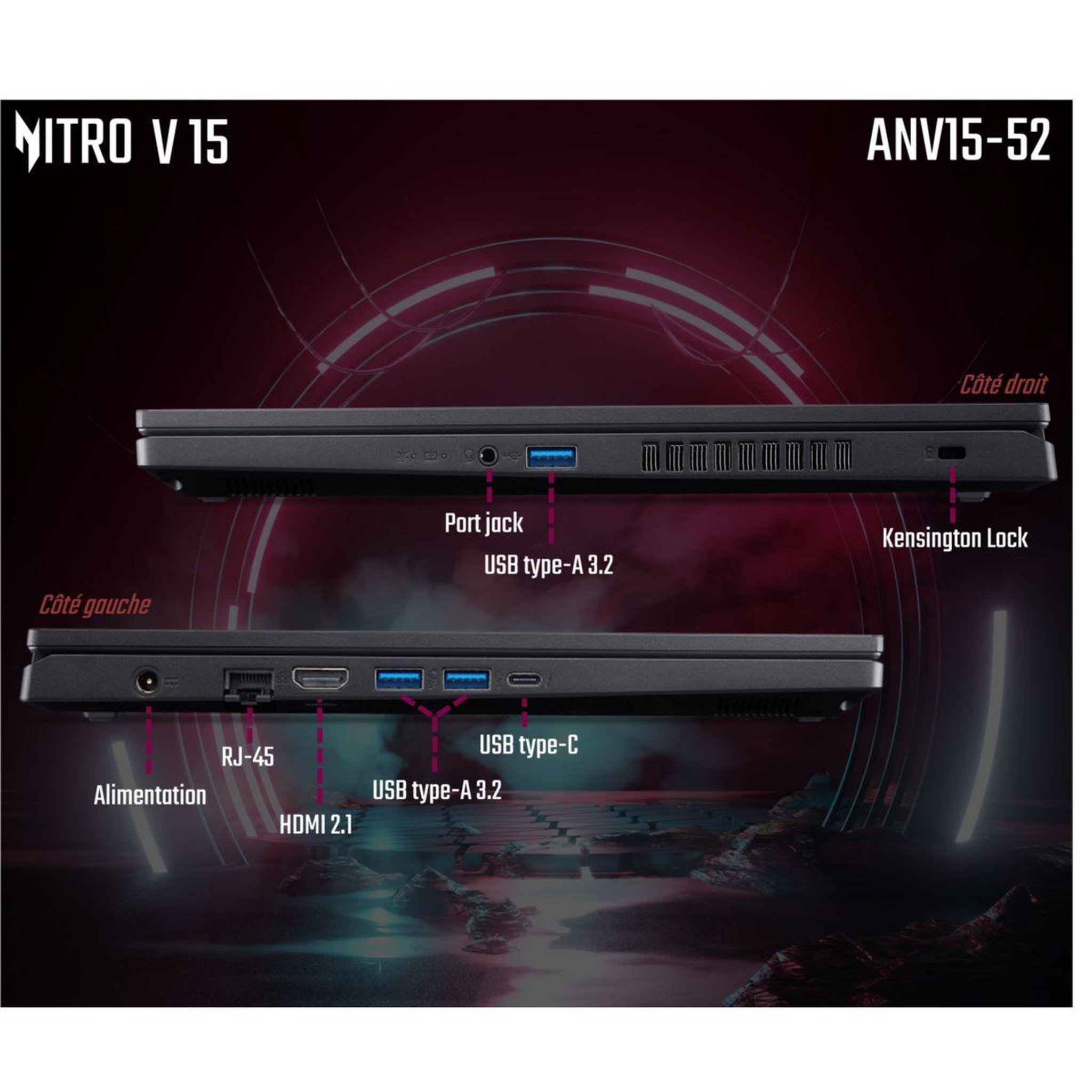 Voir la diapositive 5 : ACER Pc gamer nitro v15 anv15 15,6  fhd 165hz intel core 7 250h nvidia geforce rtx 5060 32 go ram ddr4 ssd 512 go