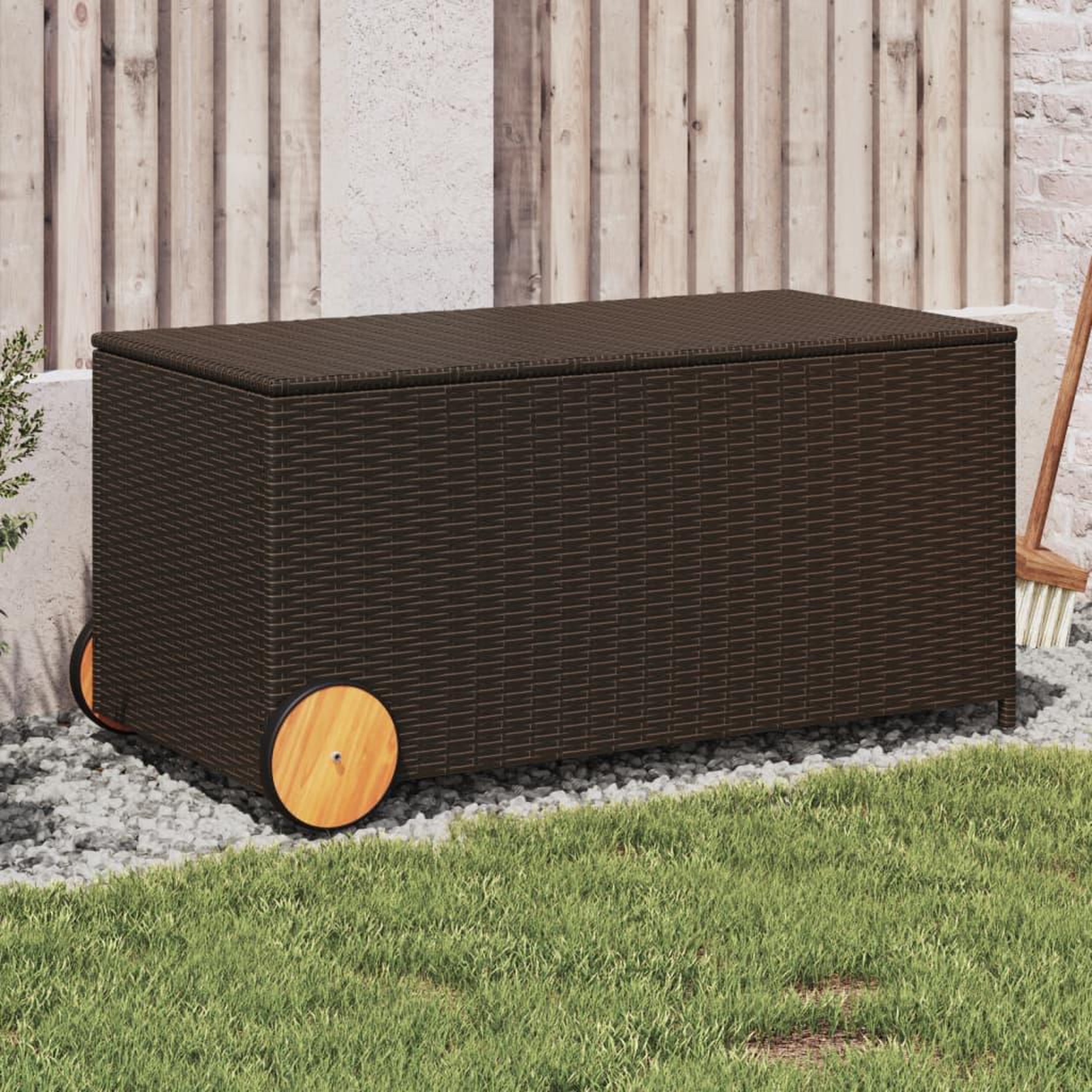 VIDAXL Boîte de rangement de jardin et roues marron 190L poly rotin