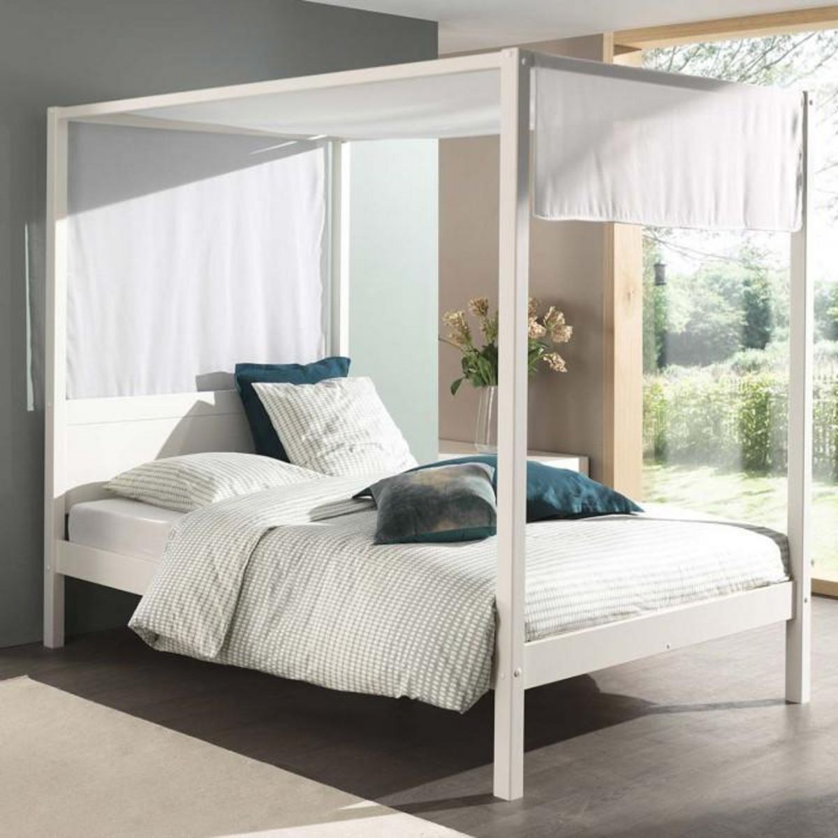 Paris Prix Pack - Lit à Baldaquin & Voile  Pino  140x200cm Blanc