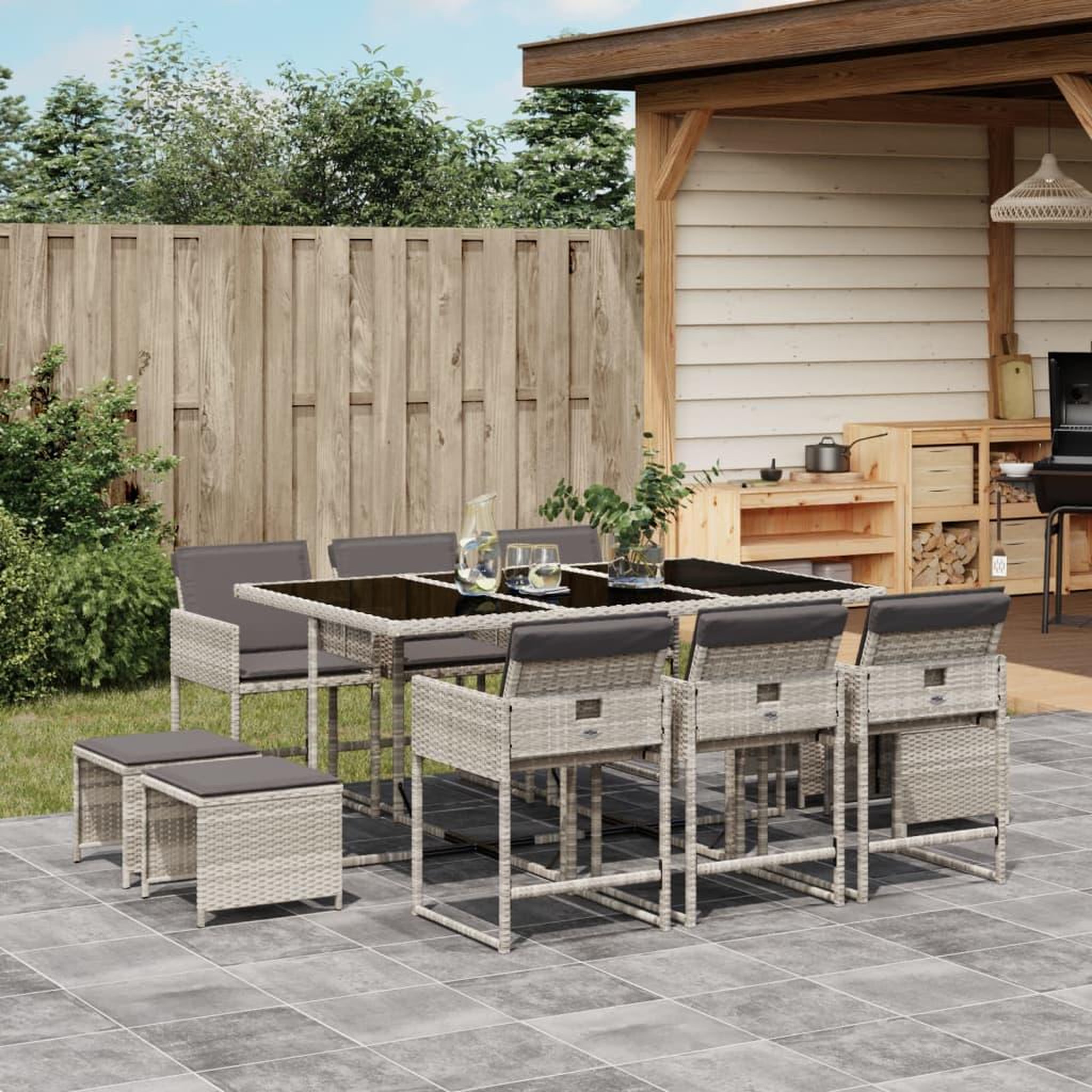 VIDAXL Ensemble a manger de jardin 11pcs avec coussins gris poly rotin