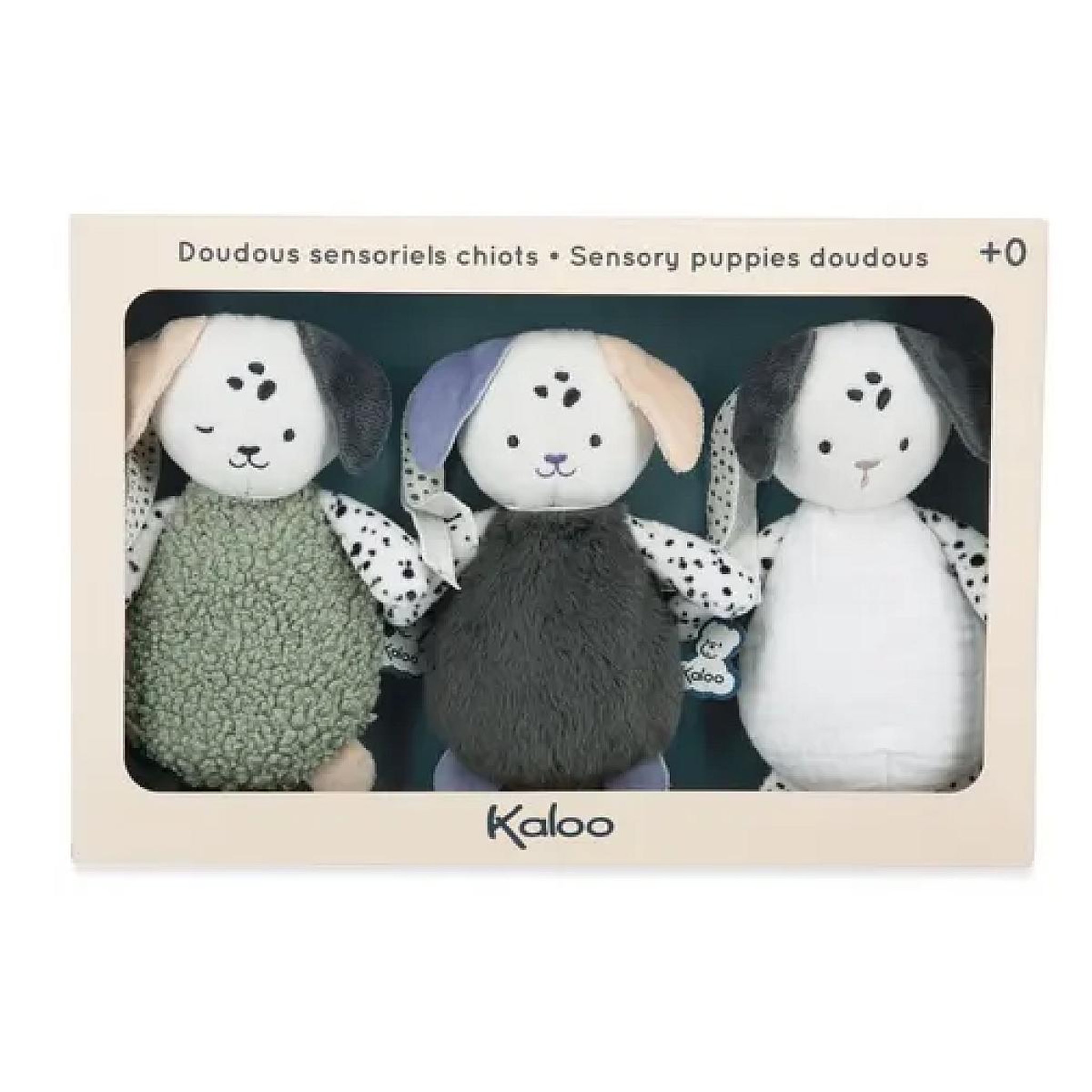 Voir la diapositive 2 : Kaloo Doudous Sensoriels Chiots – Set de 3 Jouets d Eveil