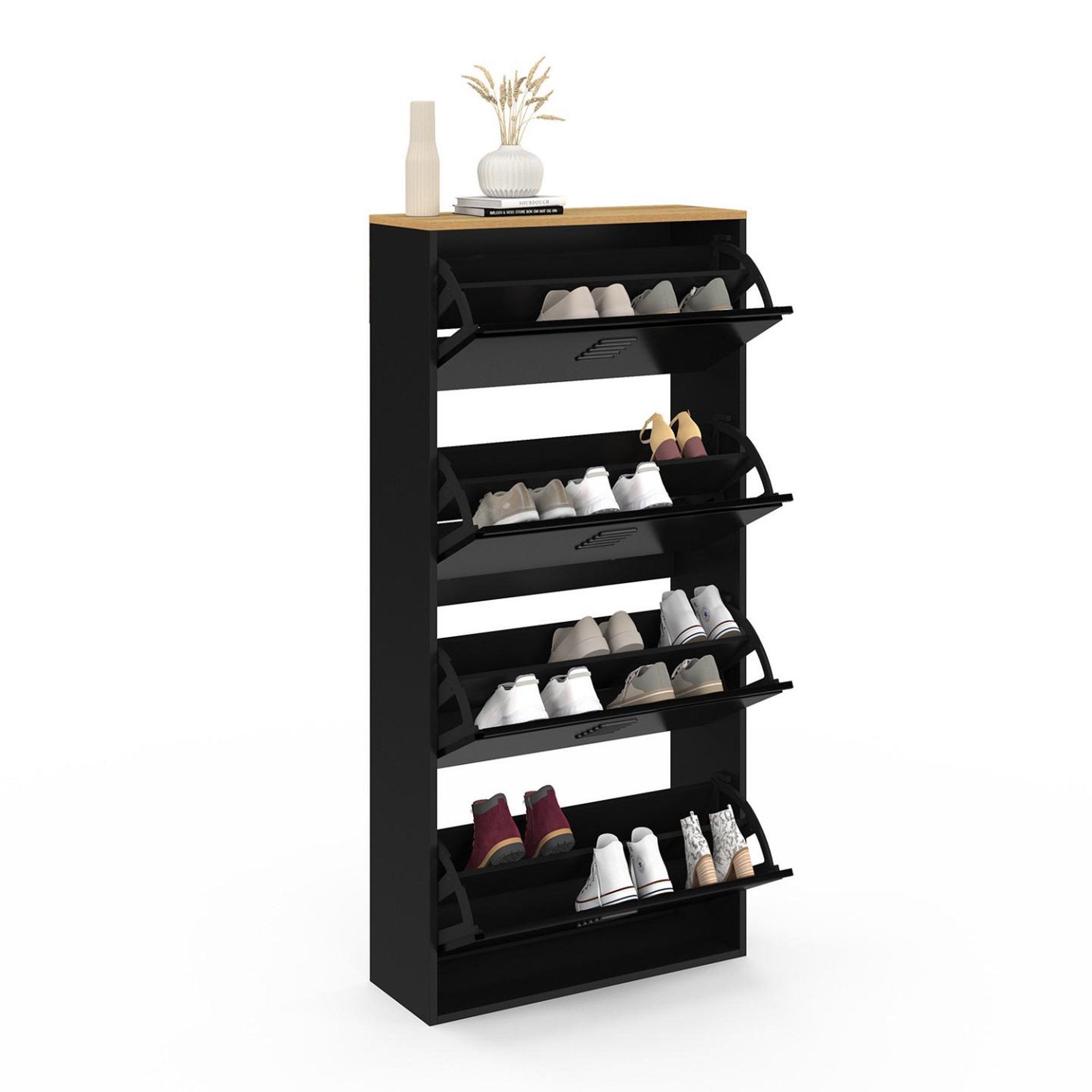 Voir la diapositive 4 : ID MARKET Meuble à chaussures 24 paires maxi capacité ESTER 4 portes métal noir et plateau façon hêtre design industriel