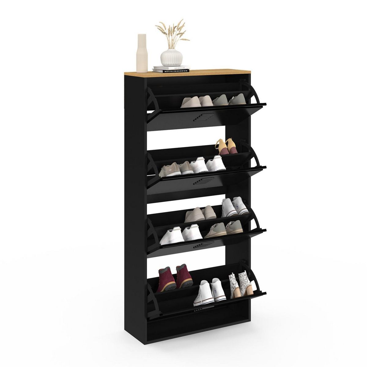 ID MARKET Meuble à chaussures 24 paires maxi capacité ESTER 4 portes métal noir et plateau façon hêtre design industriel