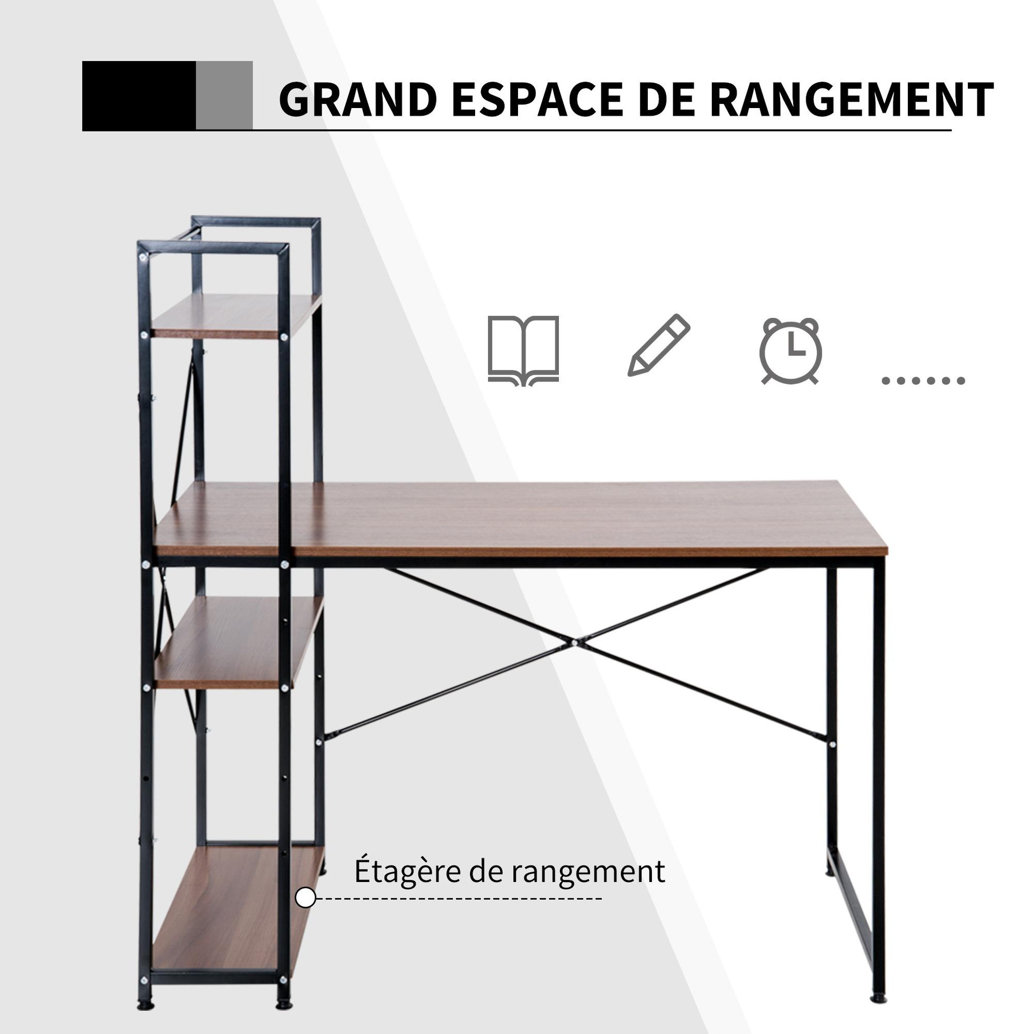 Voir la diapositive 5 : HOMCOM Bureau informatique design industriel avec bibliothèque 3 étagères panneaux particules aspect noyer métal noir