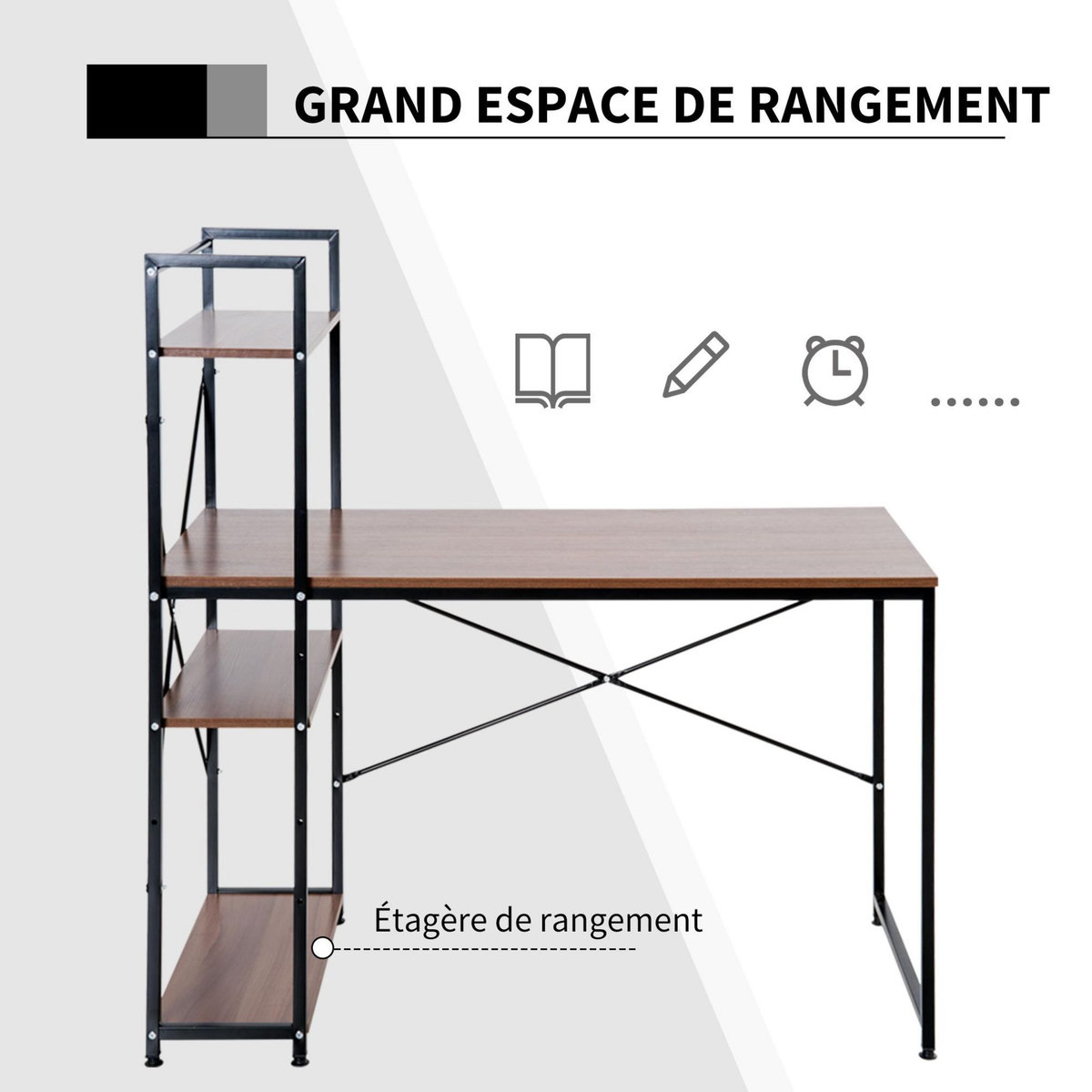 HOMCOM Bureau informatique design industriel avec bibliothèque 3 étagères panneaux particules aspect noyer métal noir