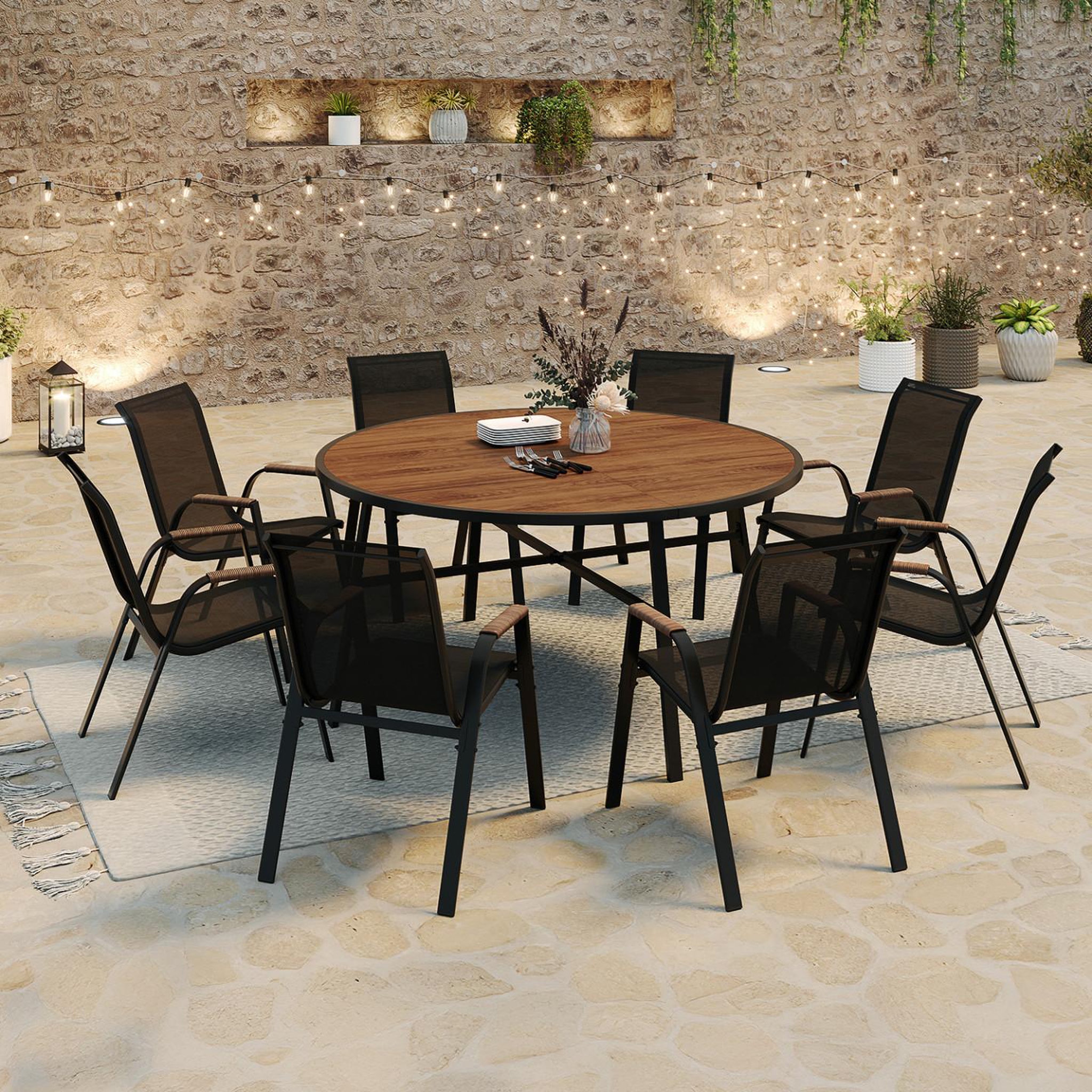 Voir la diapositive 2 : ID MARKET Salon de jardin noumea table ronde 150 cm plateau verre trempé effet bois et 8 chaises empilables noir et bois