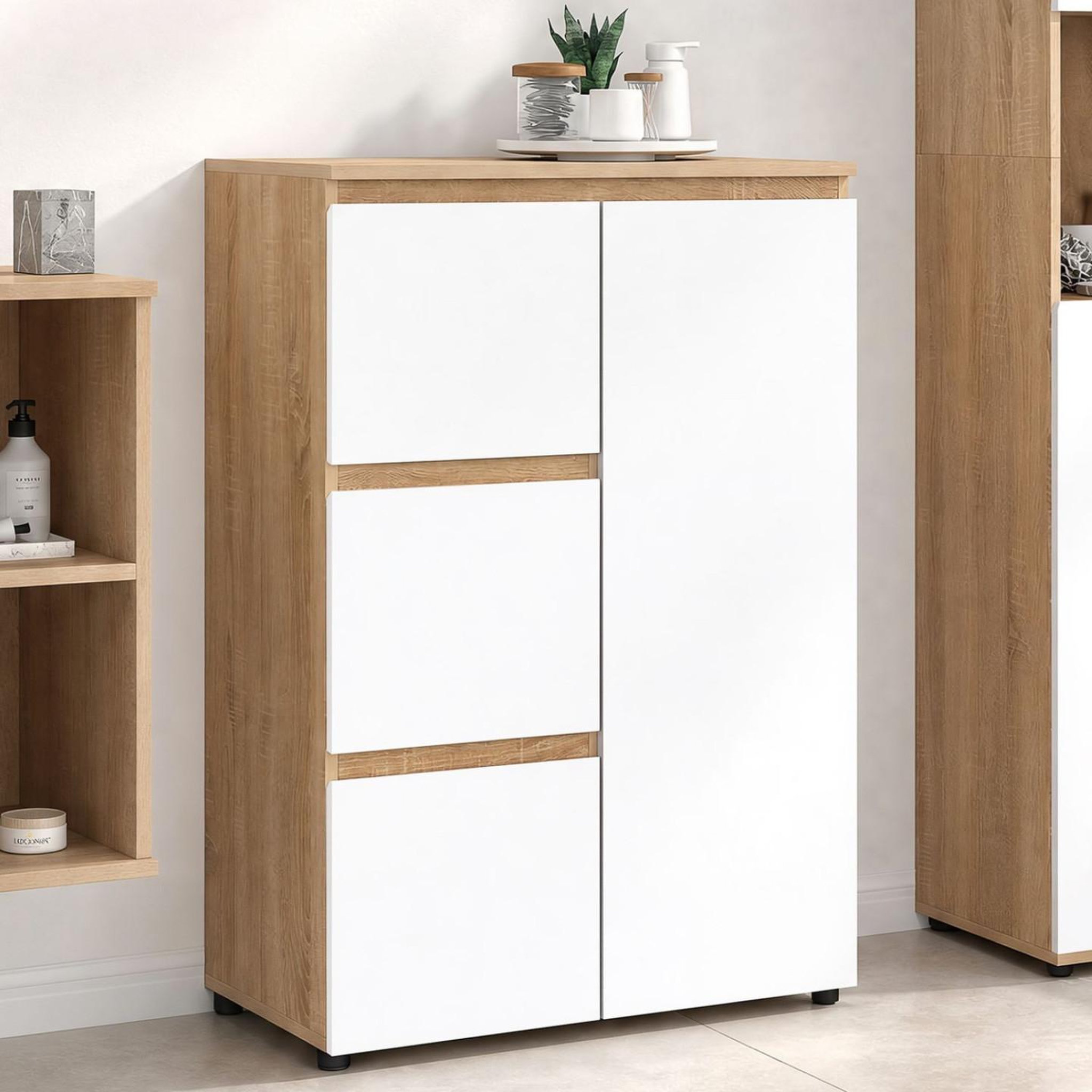 Voir la diapositive 2 : ID MARKET Meuble de rangement salle de bain tomi 3 tiroirs avec placard façon hêtre et blanc