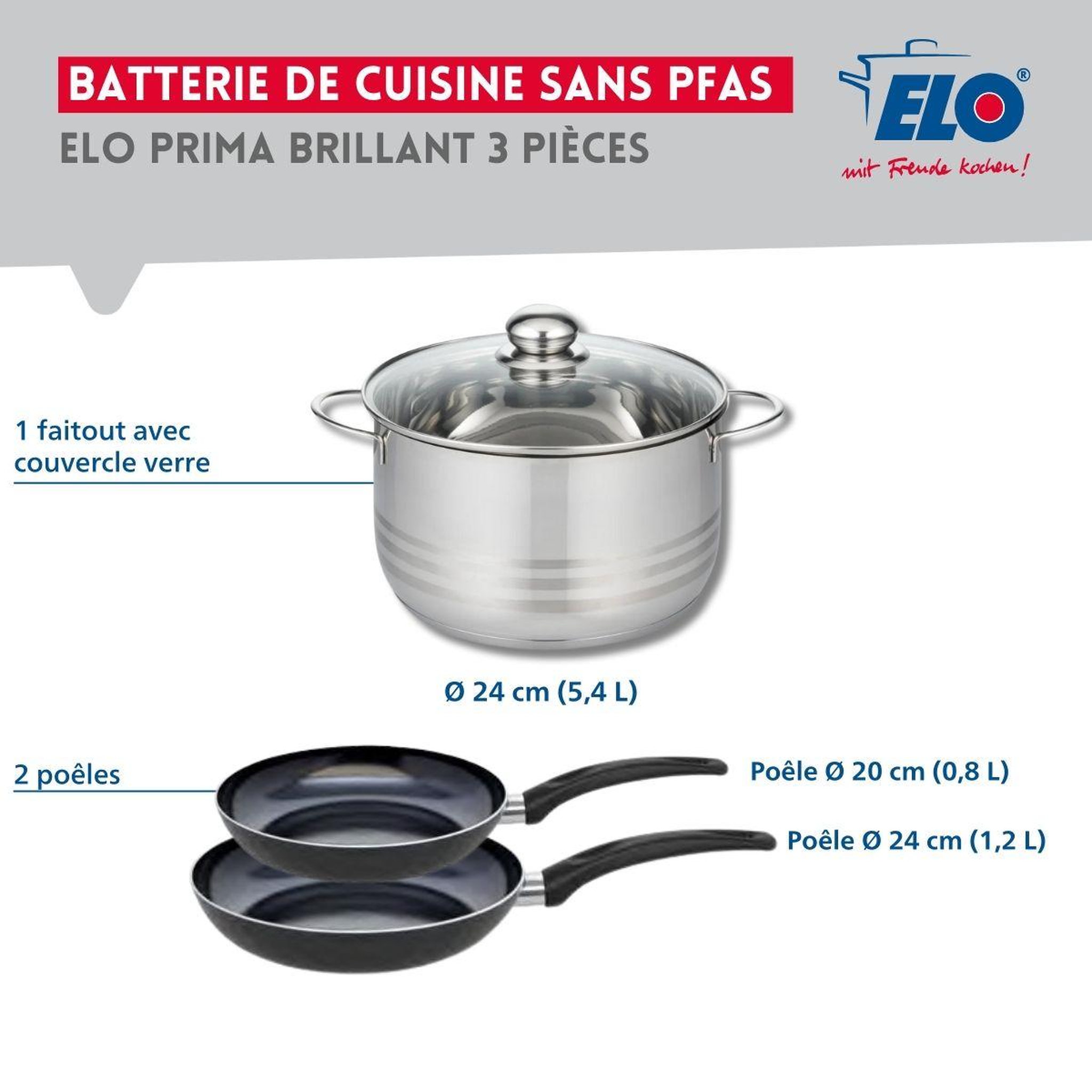 Voir la diapositive 2 : ELO Ensemble de 2 poêles de cuisson 20 et 24 cm et 1 faitout 24 cm elo prima brillant
