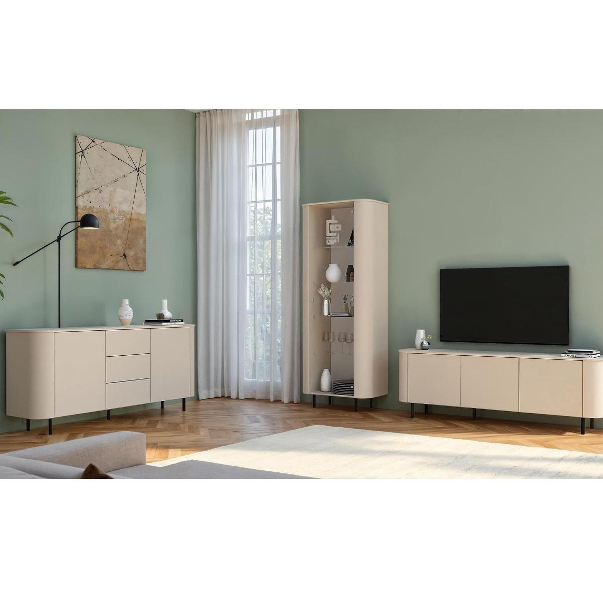 Voir la diapositive 5 : JLC KREATION Buffet bas arrondi beige cachemire 180cm olga