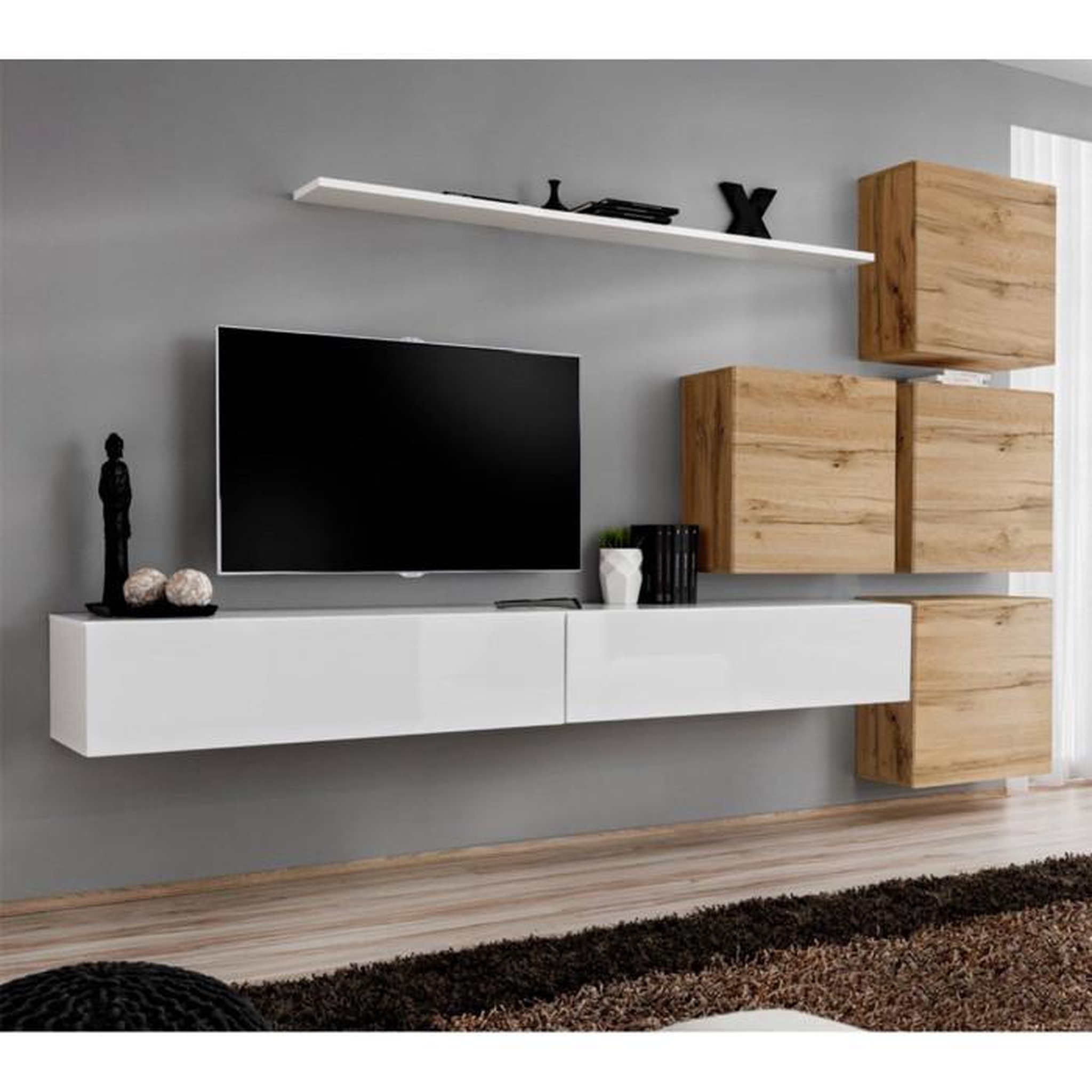 Voir la diapositive 1 : Paris Prix Meuble TV Mural Design  Switch IX  310cm Blanc & Naturel