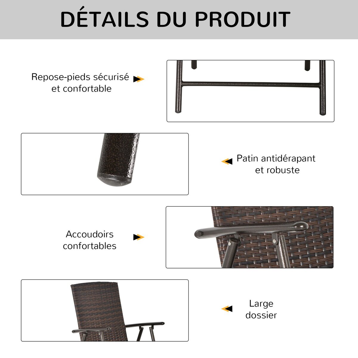 OUTSUNNY Tabourets de bar pliable style colonial - lot de 4 tabourets de bar - repose-pied + accoudoirs - métal époxy résine tressée chocolat