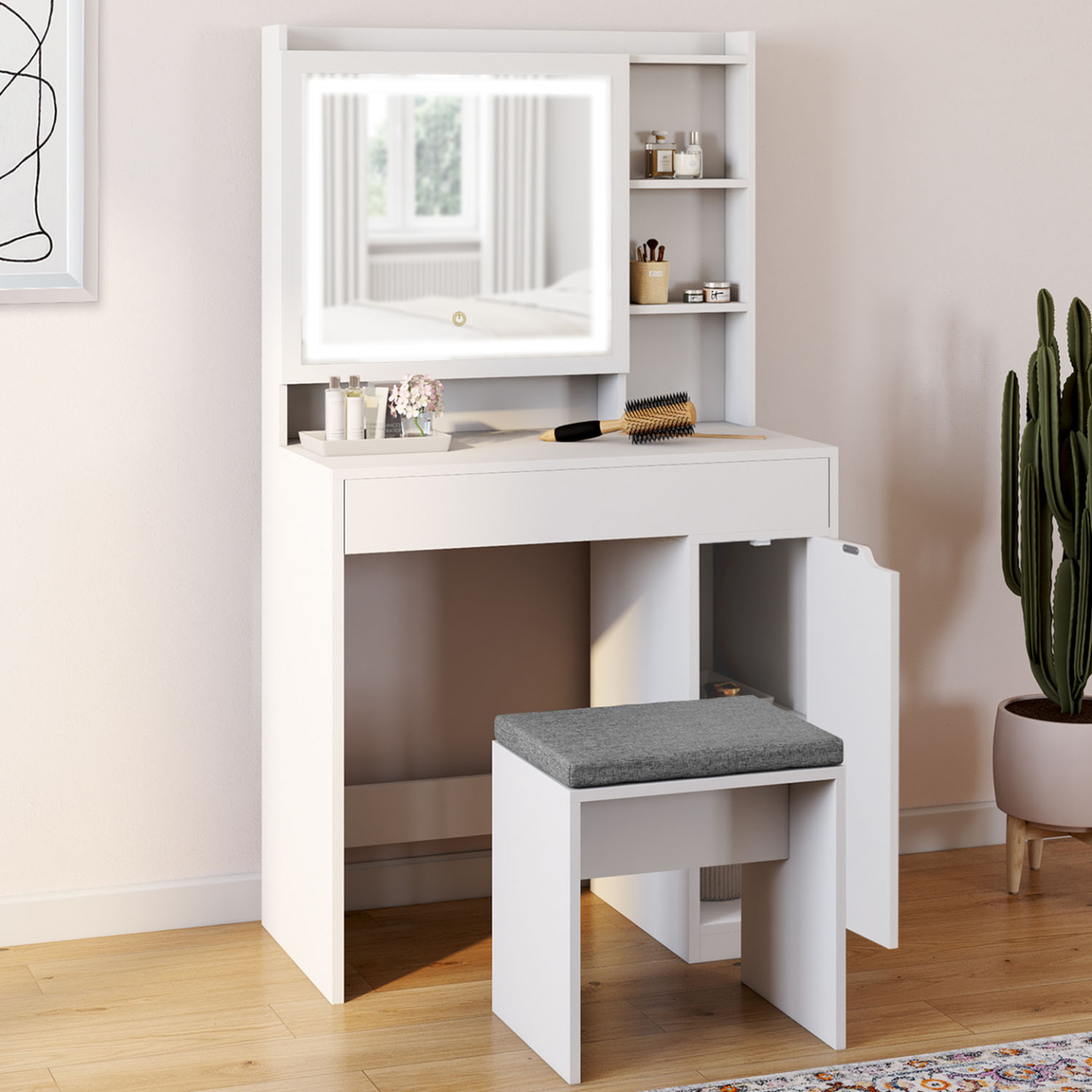 Voir la diapositive 2 : ID MARKET Coiffeuse zelia blanche miroir led avec rangement, 1 tiroir, 1 caisson de rangement et tabouret rembourré