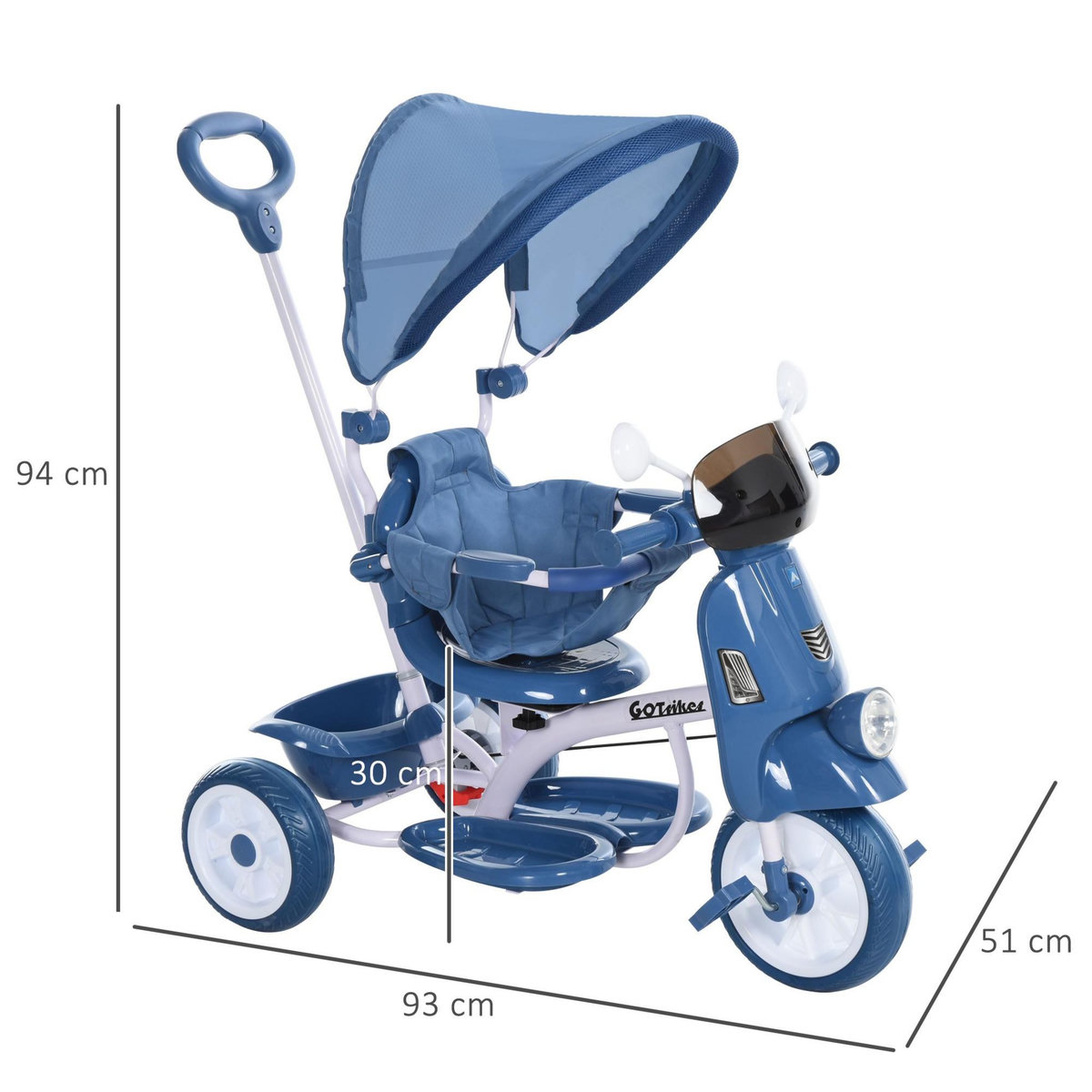 HOMCOM Tricycle enfants évolutif canne, pare-soleil pliable amovible effets lumineux sonores métal blanc PP bleu
