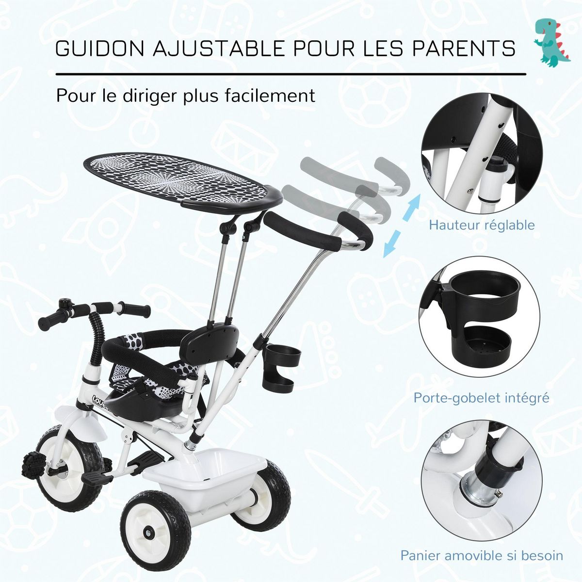 HOMCOM Tricycle enfants pare-soleil pliable canne amovible benne rangement 103 x 47 x 101 cm acier blanc et noir