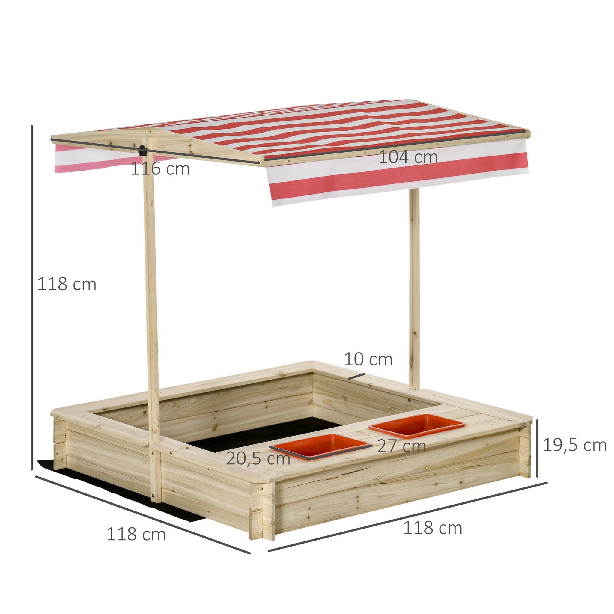 Voir la diapositive 3 : OUTSUNNY Bac à sable bois carré dim. 1,18L x 1,18l x 1,18H m - hauteur, inclinaison toit réglables, refermable - 2 bacs - bois sapin autoclave